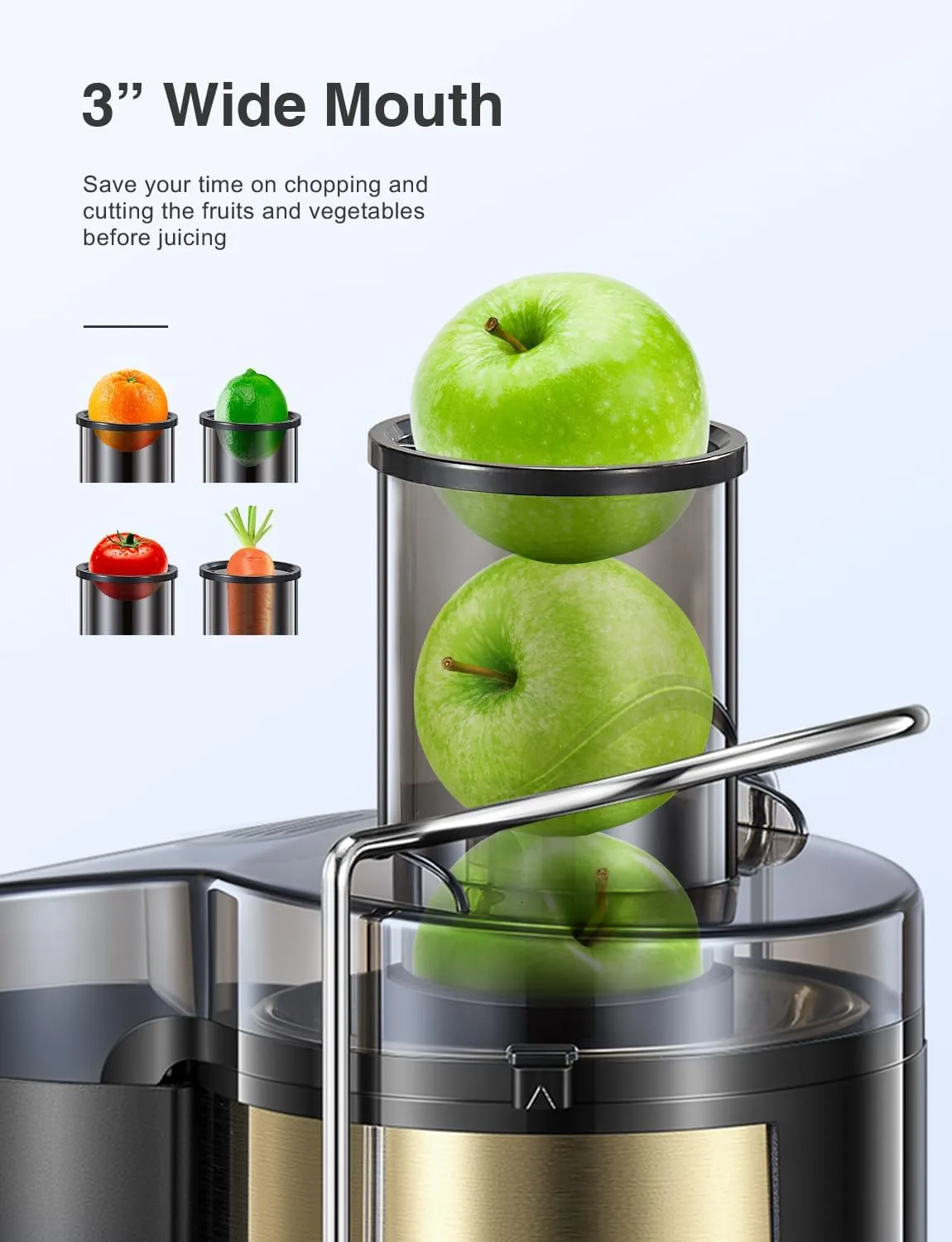 QCen Juicer Machine, 800W Centrifugal Juicer Extractor with Wide Mouth 3” Feed Chute for Fruit Vegetable, Easy to Clean, Stainless Steel, BPA-free (Gold)