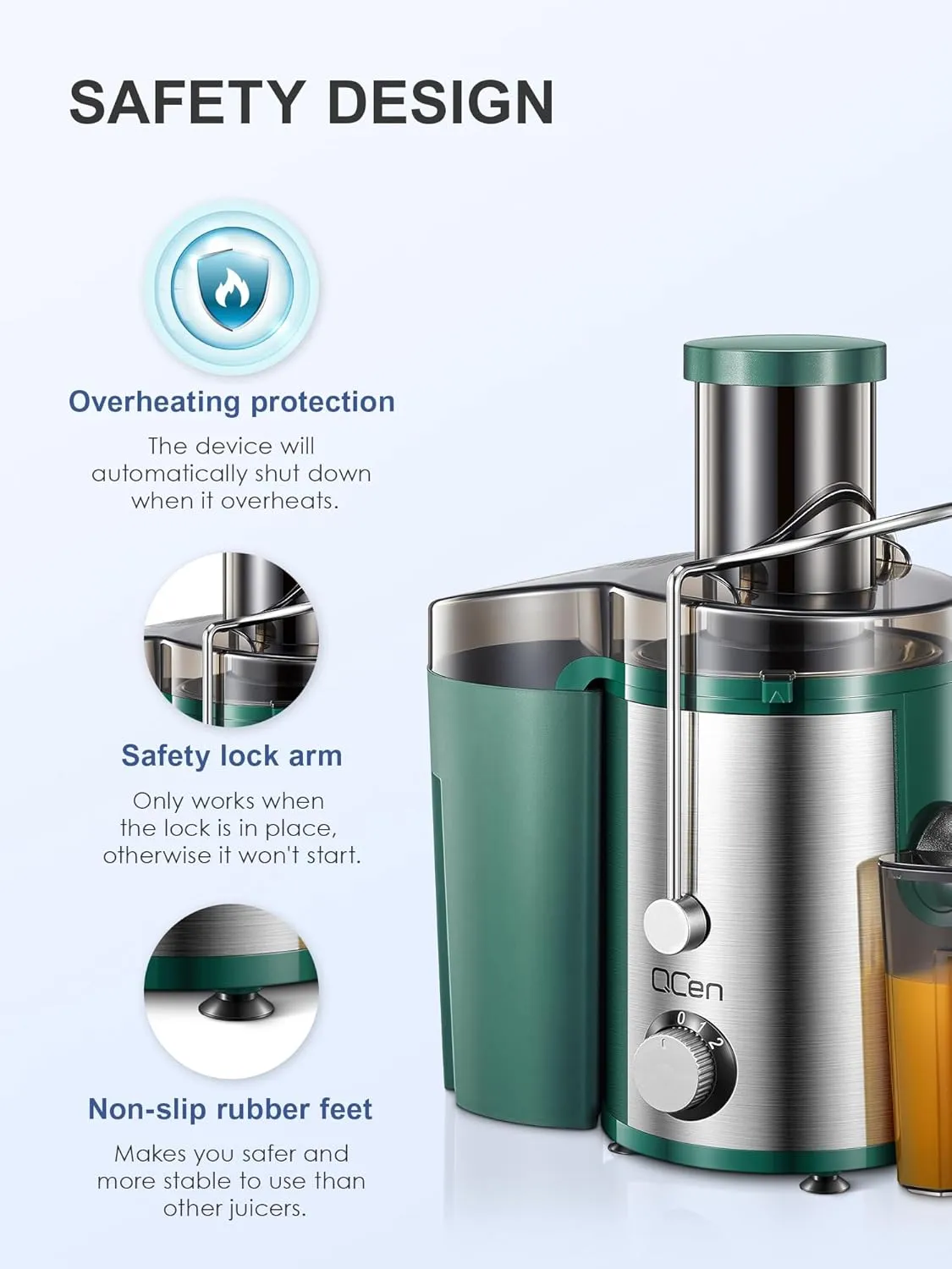 QCen Juicer Machine, 800W Centrifugal Juicer Extractor with Wide Mouth 3” Feed Chute for Fruit Vegetable, Easy to Clean, Stainless Steel, BPA-free (Green)