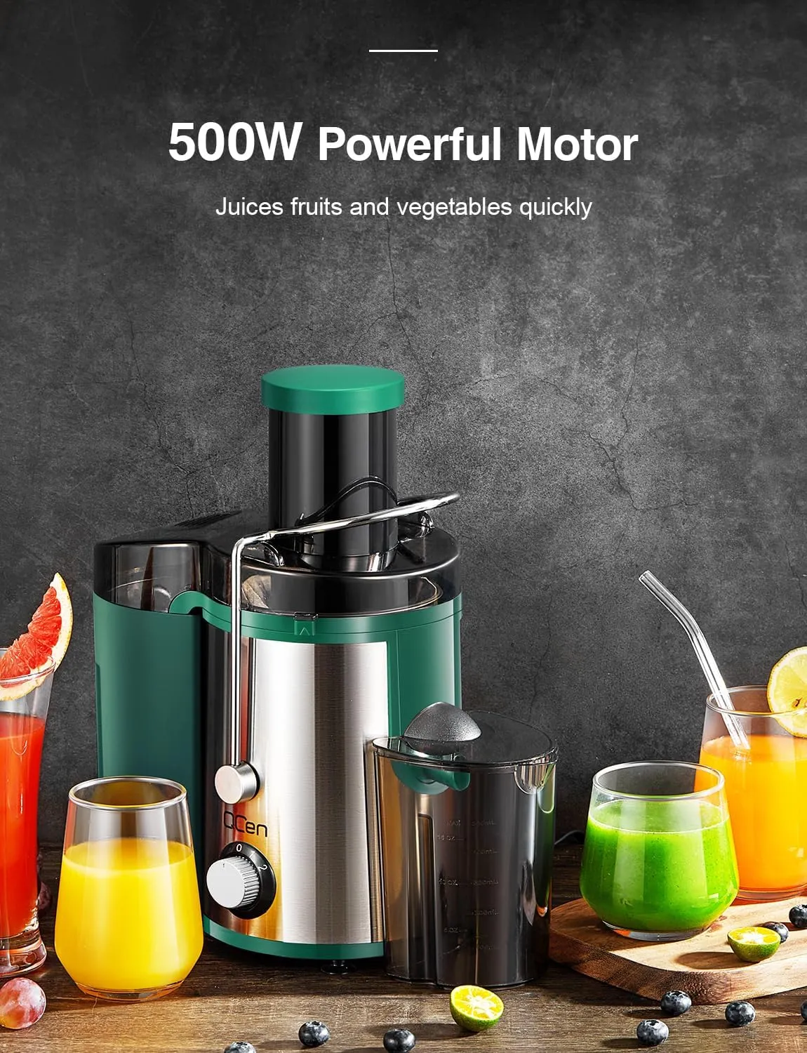 QCen Juicer Machine, 800W Centrifugal Juicer Extractor with Wide Mouth 3” Feed Chute for Fruit Vegetable, Easy to Clean, Stainless Steel, BPA-free (Green)