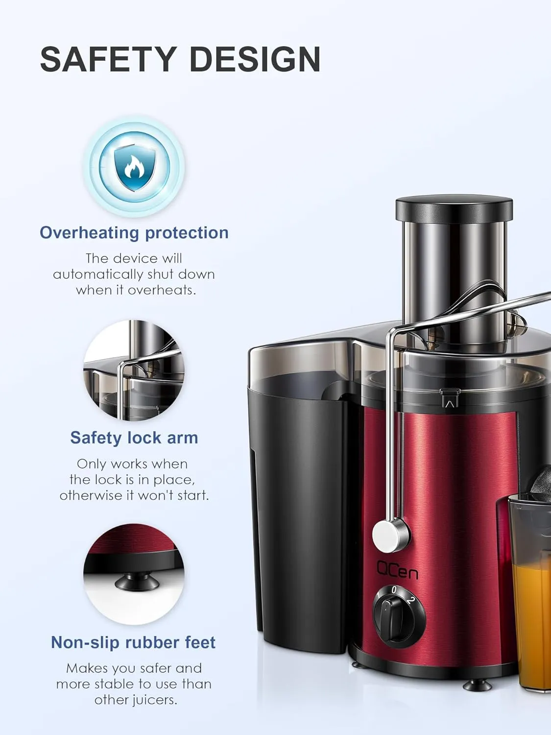 QCen Qcen Juicer Machine, 500W Centrifugal Juicer Extractor with Wide Mouth 3'' Feed Chute for Fruit Vegetable, Easy to Clean, Stainless Steel, BPA-free (Metallic Red)