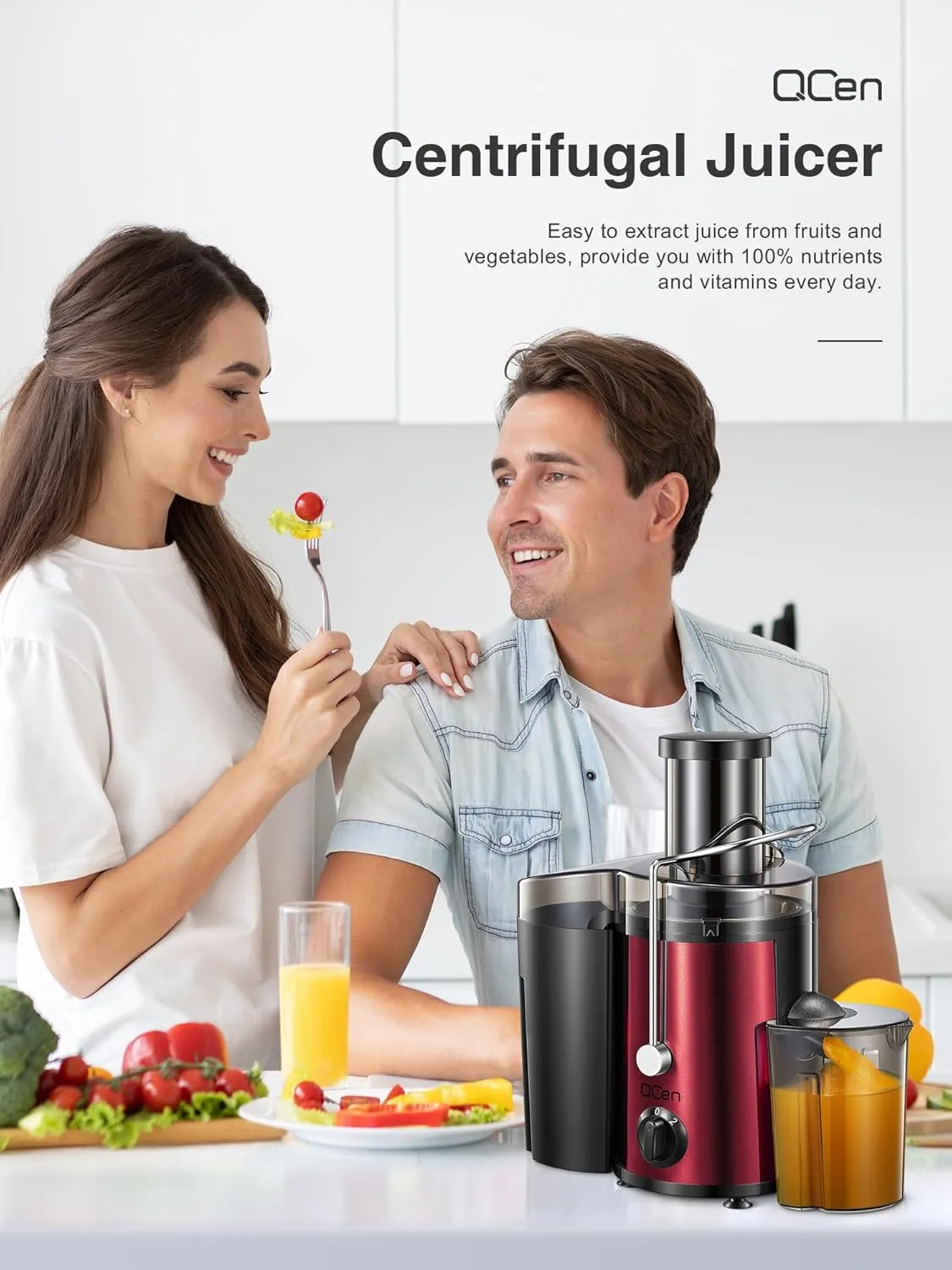 QCen Qcen Juicer Machine, 500W Centrifugal Juicer Extractor with Wide Mouth 3'' Feed Chute for Fruit Vegetable, Easy to Clean, Stainless Steel, BPA-free (Metallic Red)