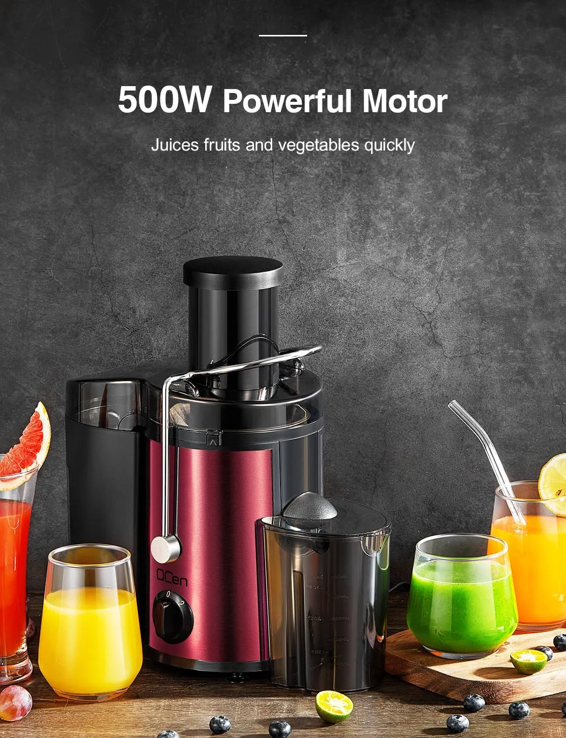 QCen Qcen Juicer Machine, 500W Centrifugal Juicer Extractor with Wide Mouth 3'' Feed Chute for Fruit Vegetable, Easy to Clean, Stainless Steel, BPA-free (Metallic Red)