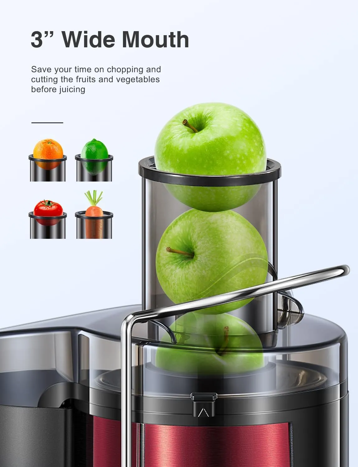 QCen Qcen Juicer Machine, 500W Centrifugal Juicer Extractor with Wide Mouth 3'' Feed Chute for Fruit Vegetable, Easy to Clean, Stainless Steel, BPA-free (Metallic Red)