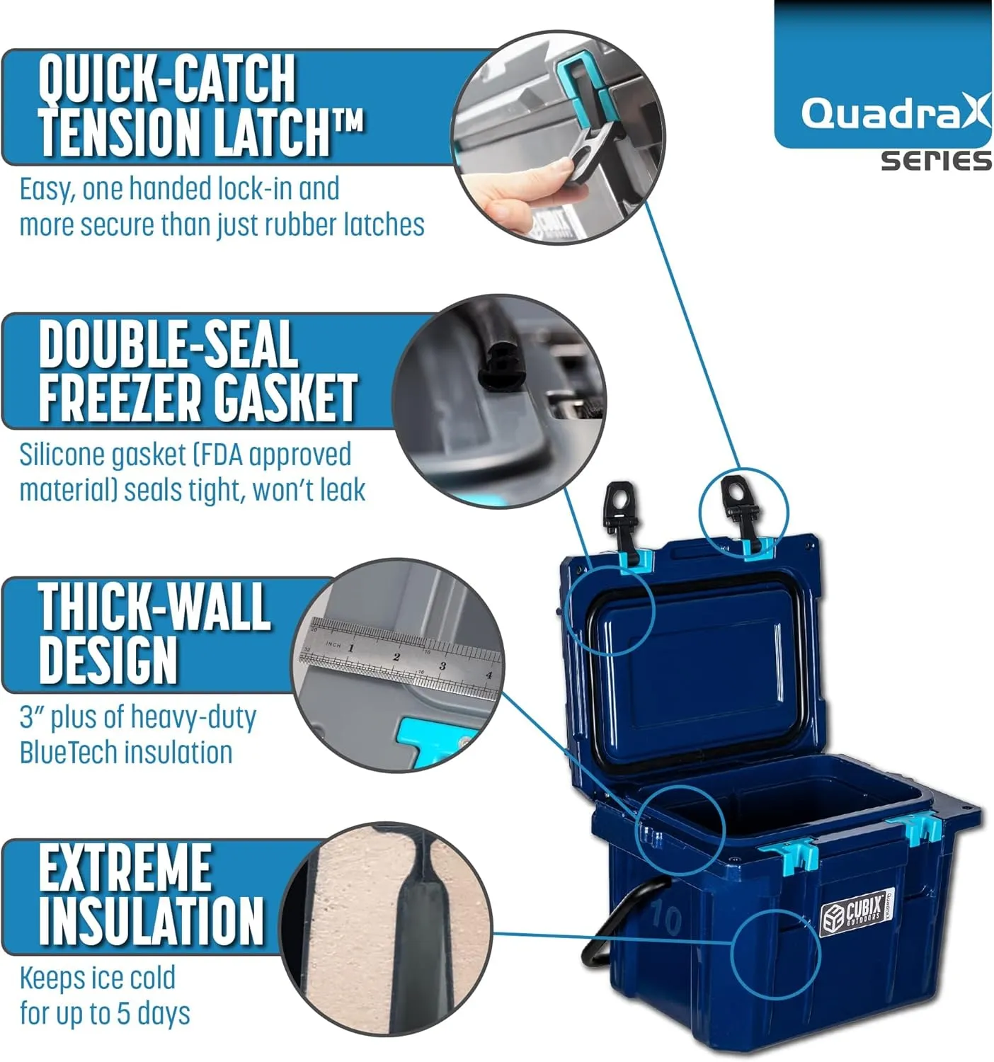 QuadraX 10QT Rotomolded Personal Cooler - Insulated Portable Hard Cooler Chest, 3 Day Cold Retention, Ideal Ice & Lunch Box for Outdoor Activities, 2 Built-in Cup Holders