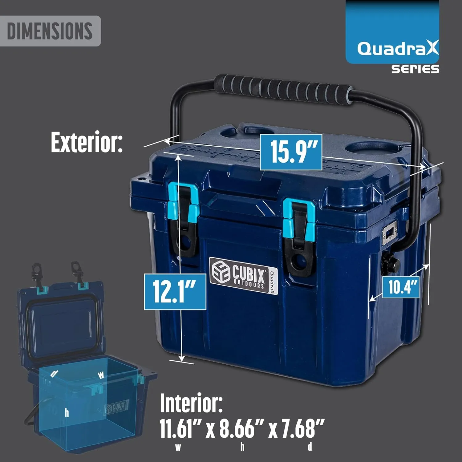 QuadraX 10QT Rotomolded Personal Cooler - Insulated Portable Hard Cooler Chest, 3 Day Cold Retention, Ideal Ice & Lunch Box for Outdoor Activities, 2 Built-in Cup Holders