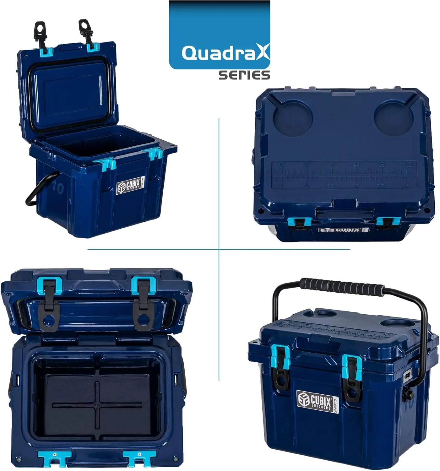 QuadraX 10QT Rotomolded Personal Cooler - Insulated Portable Hard Cooler Chest, 3 Day Cold Retention, Ideal Ice & Lunch Box for Outdoor Activities, 2 Built-in Cup Holders