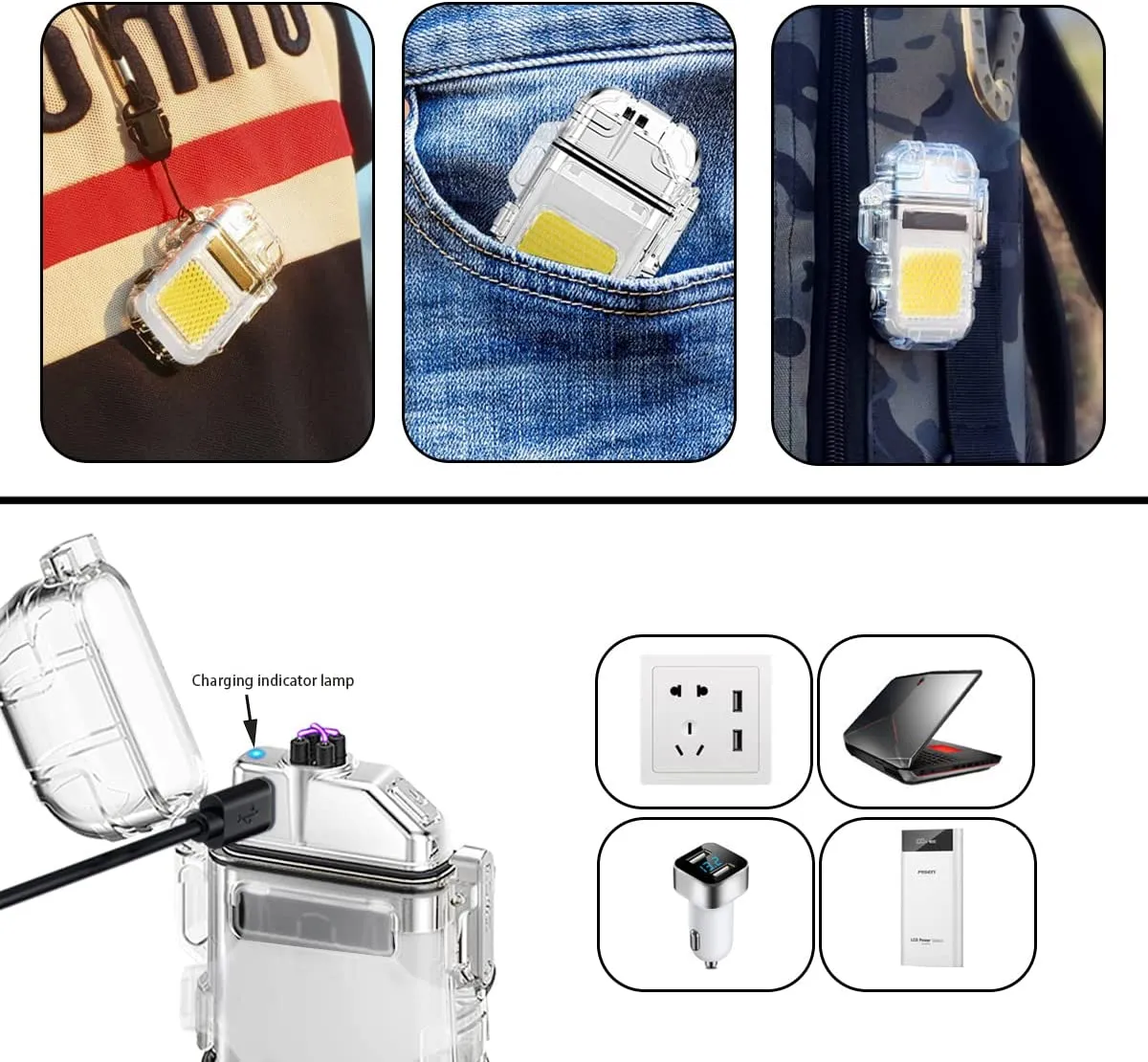 Rechargeable Mini Hook Flashlight With Lighter Clear Case   Type C Charger Cable
