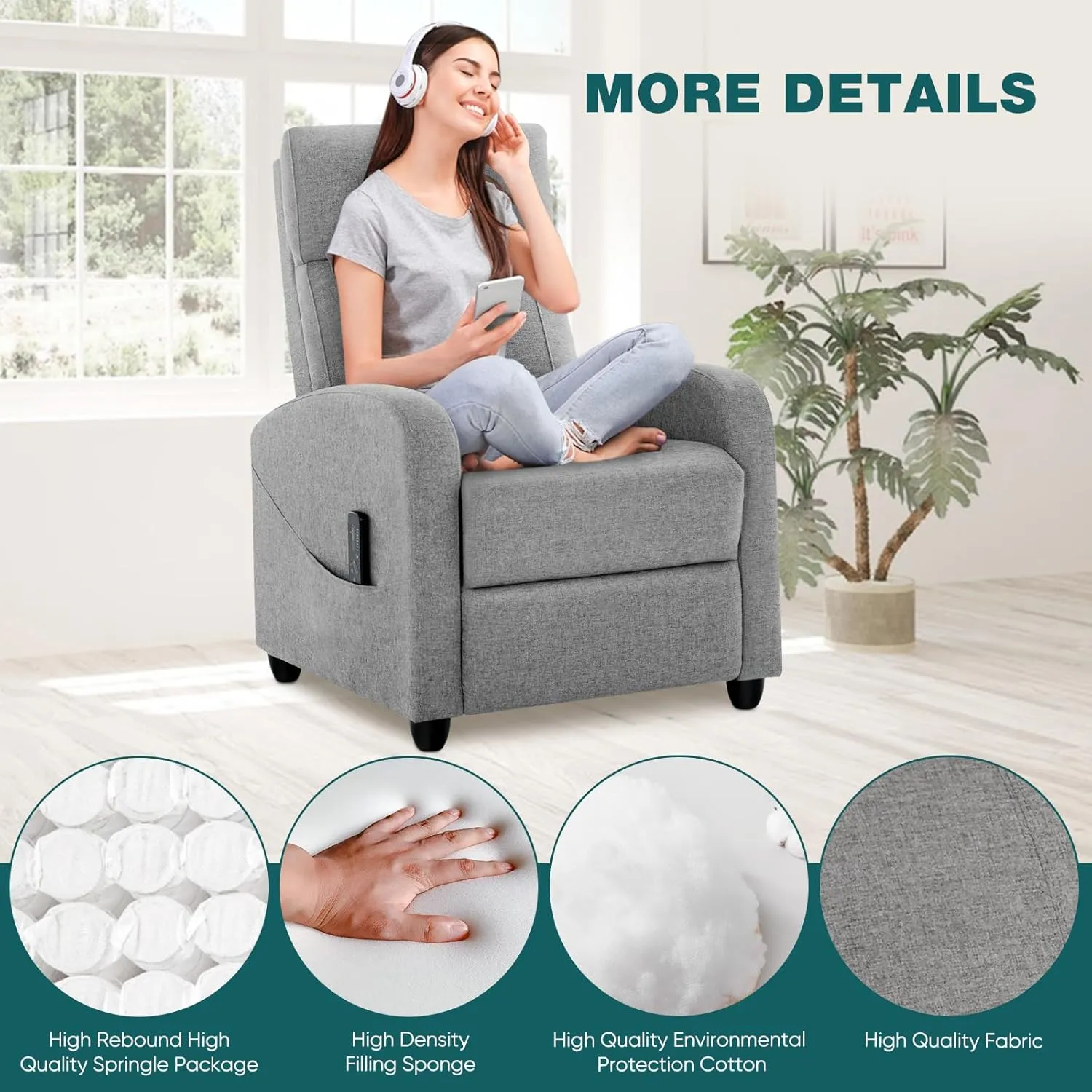 Recliner Chair for Living Room, Leather Recliners, Home Theater Seating with Lumbar Support with Adjustable Backrest and Footrest, Modern Living Room Furniture with Padded Seat, Grey Seating