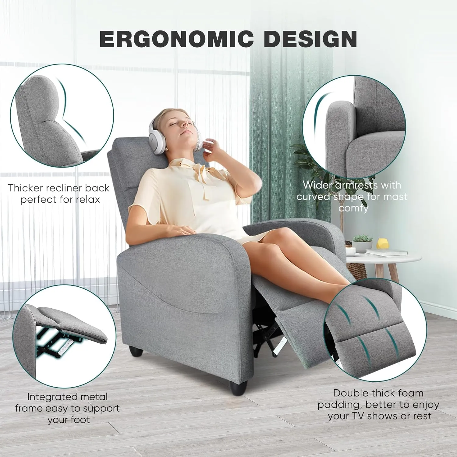 Recliner Chair for Living Room, Leather Recliners, Home Theater Seating with Lumbar Support with Adjustable Backrest and Footrest, Modern Living Room Furniture with Padded Seat, Grey Seating