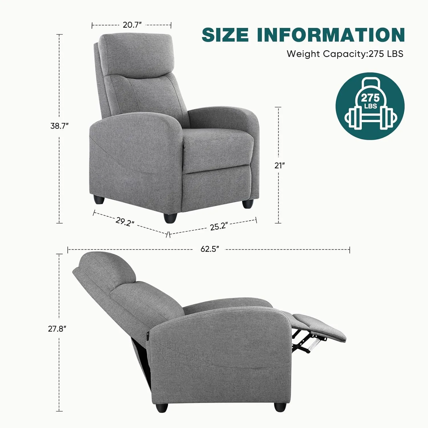 Recliner Chair for Living Room, Leather Recliners, Home Theater Seating with Lumbar Support with Adjustable Backrest and Footrest, Modern Living Room Furniture with Padded Seat, Grey Seating
