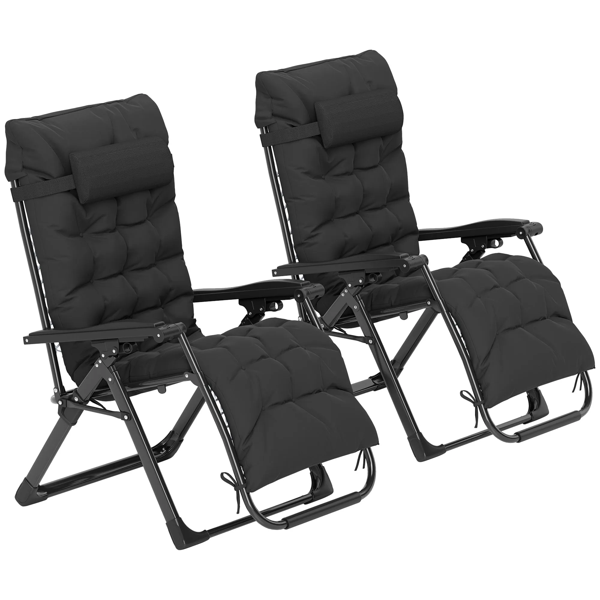 Reclining Zero Gravity Chair with Adjustable Backrest, Folding Garden Sun Lounger with Removable Cushion and Headrest, Set of 2, Black