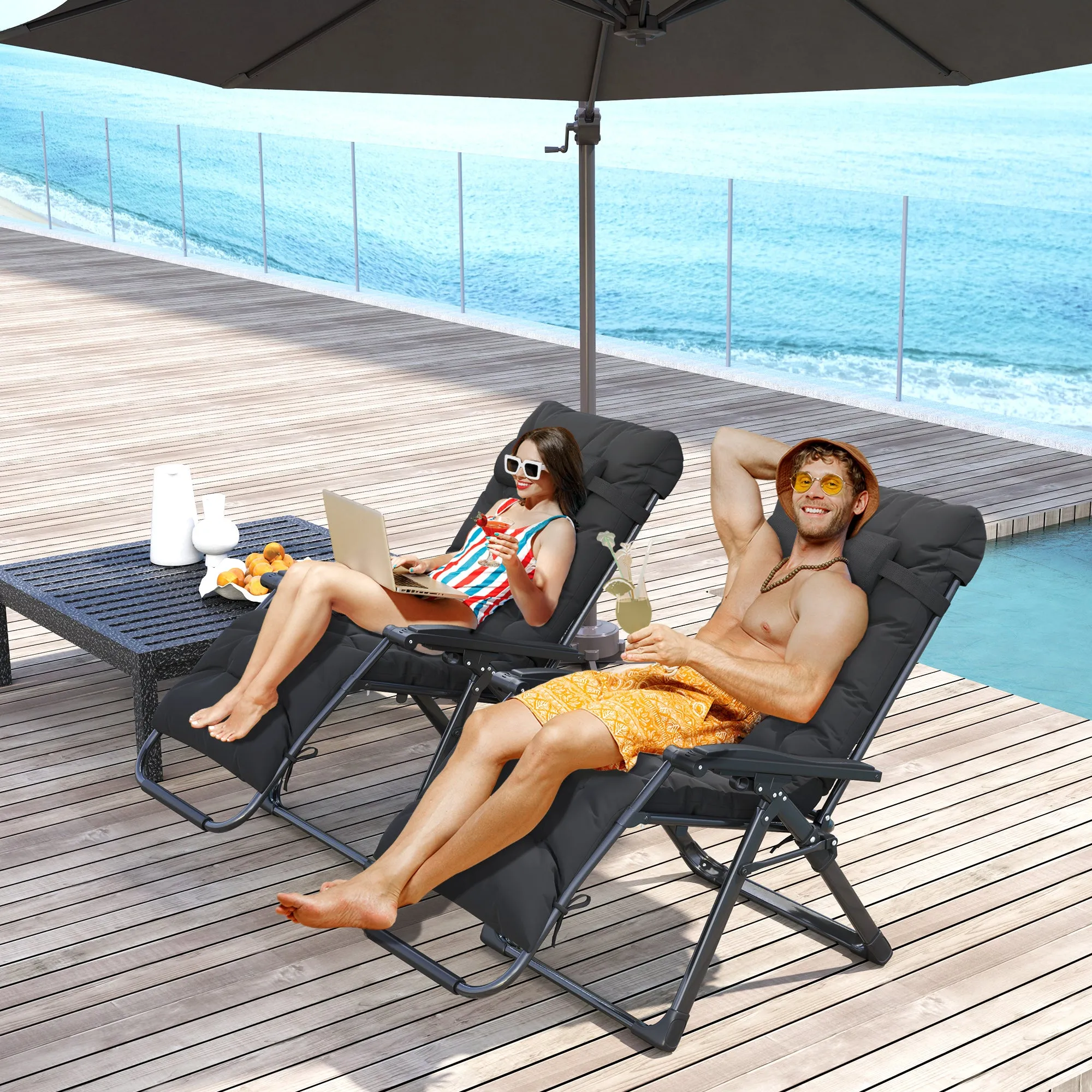 Reclining Zero Gravity Chair with Adjustable Backrest, Folding Garden Sun Lounger with Removable Cushion and Headrest, Set of 2, Black