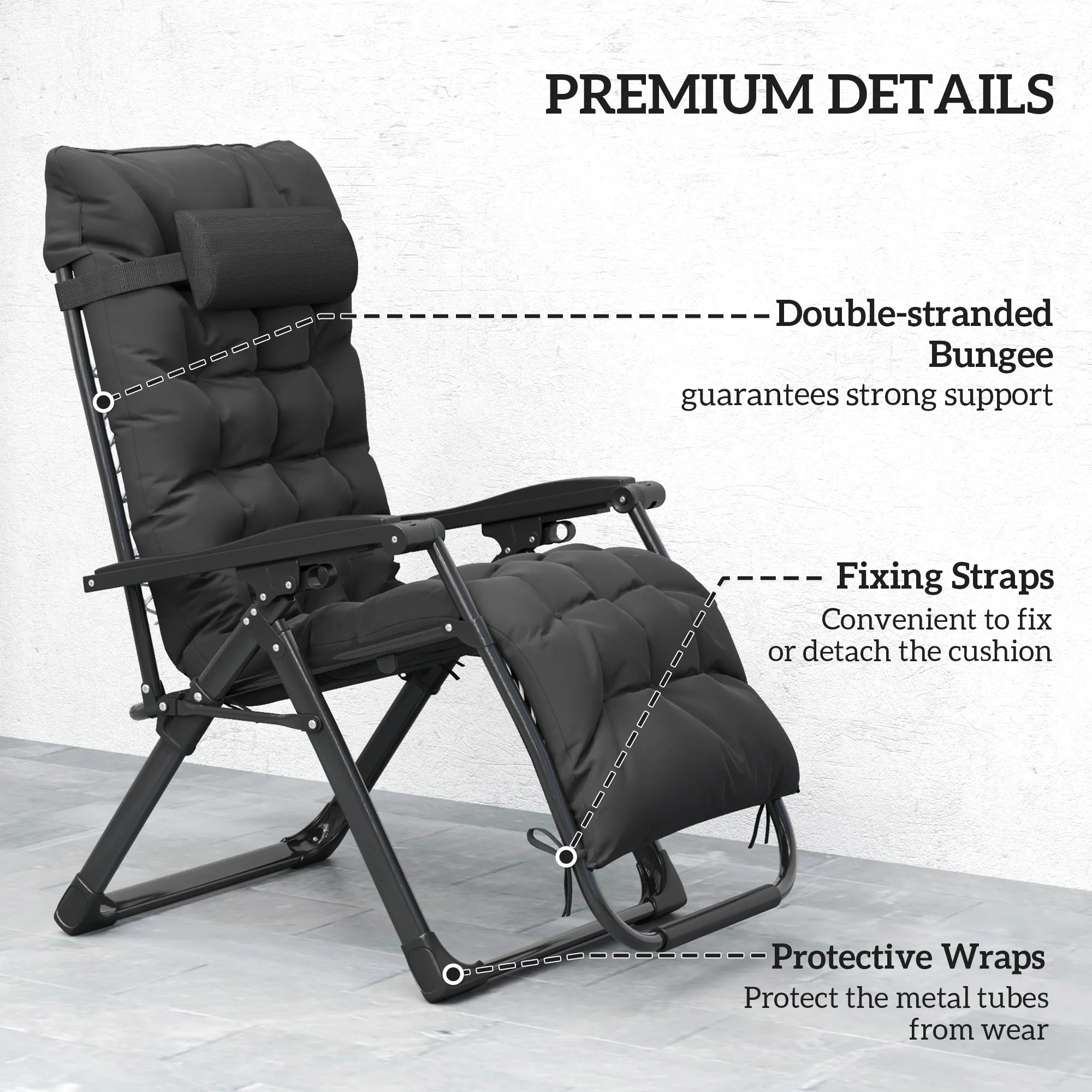 Reclining Zero Gravity Chair with Adjustable Backrest, Folding Garden Sun Lounger with Removable Cushion and Headrest, Set of 2, Black