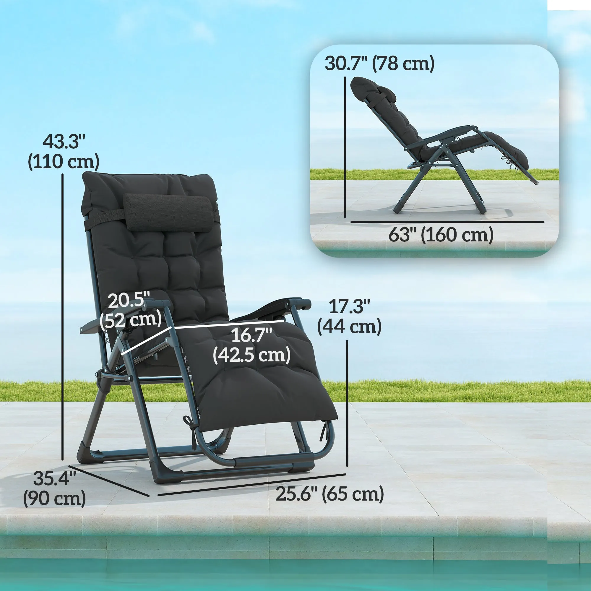 Reclining Zero Gravity Chair with Adjustable Backrest, Folding Garden Sun Lounger with Removable Cushion and Headrest, Set of 2, Black