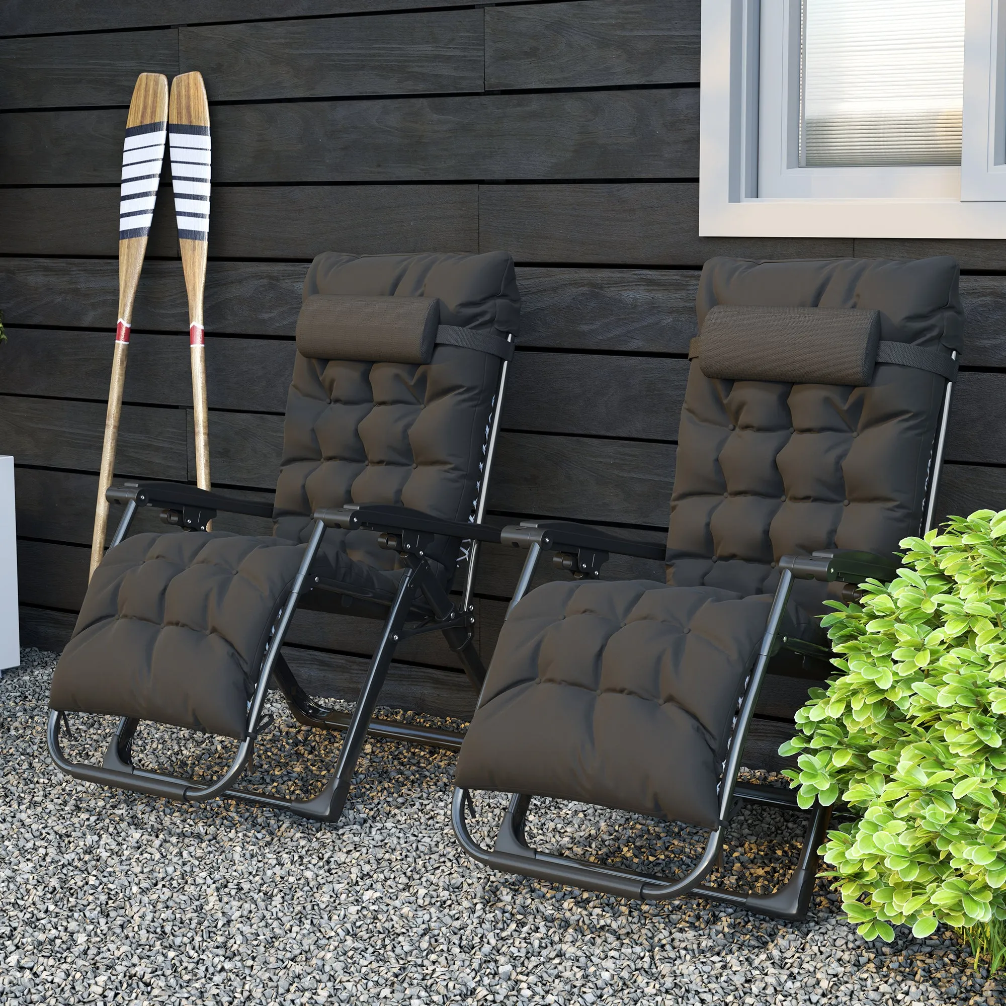 Reclining Zero Gravity Chair with Adjustable Backrest, Folding Garden Sun Lounger with Removable Cushion and Headrest, Set of 2, Black
