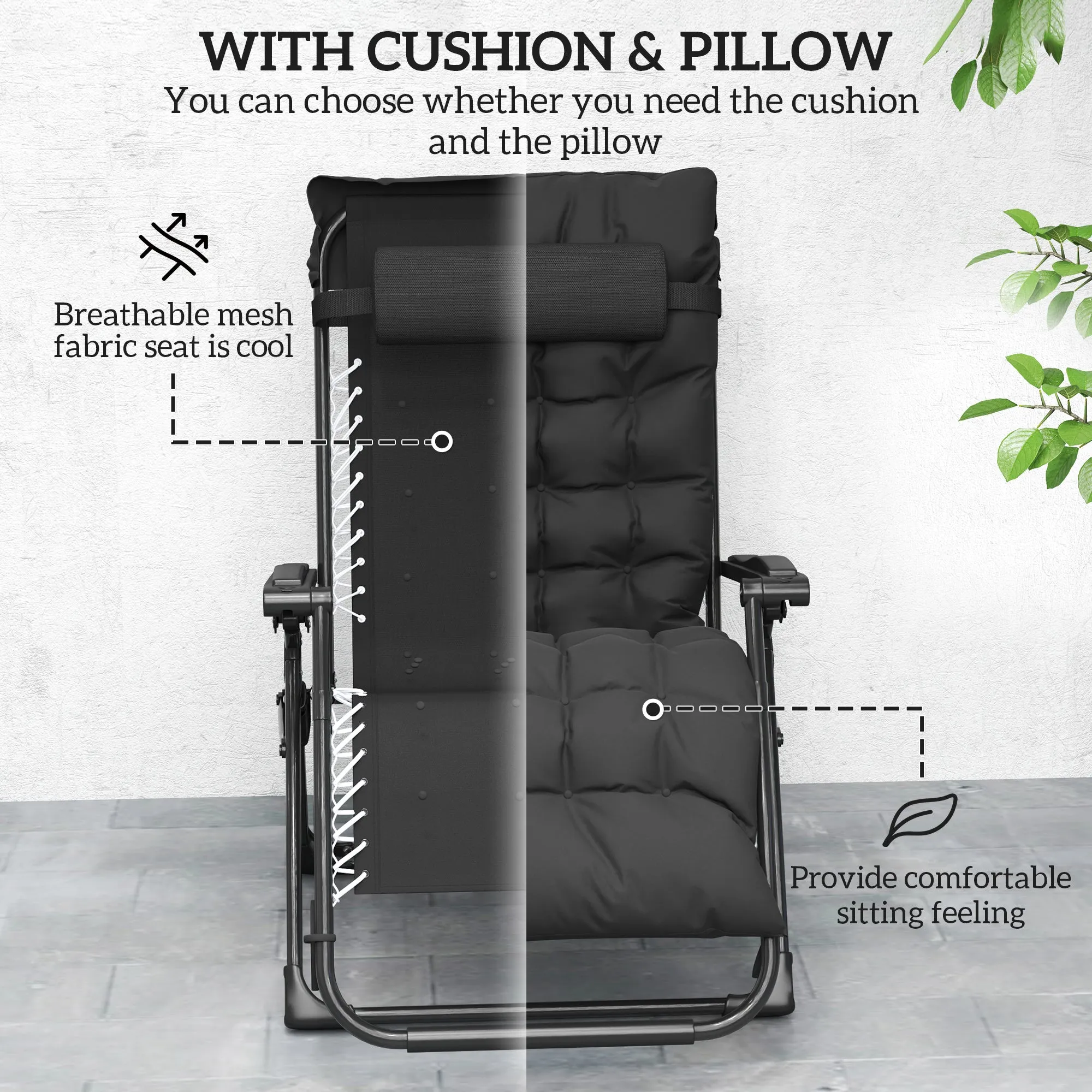 Reclining Zero Gravity Chair with Adjustable Backrest, Folding Garden Sun Lounger with Removable Cushion and Headrest, Set of 2, Black