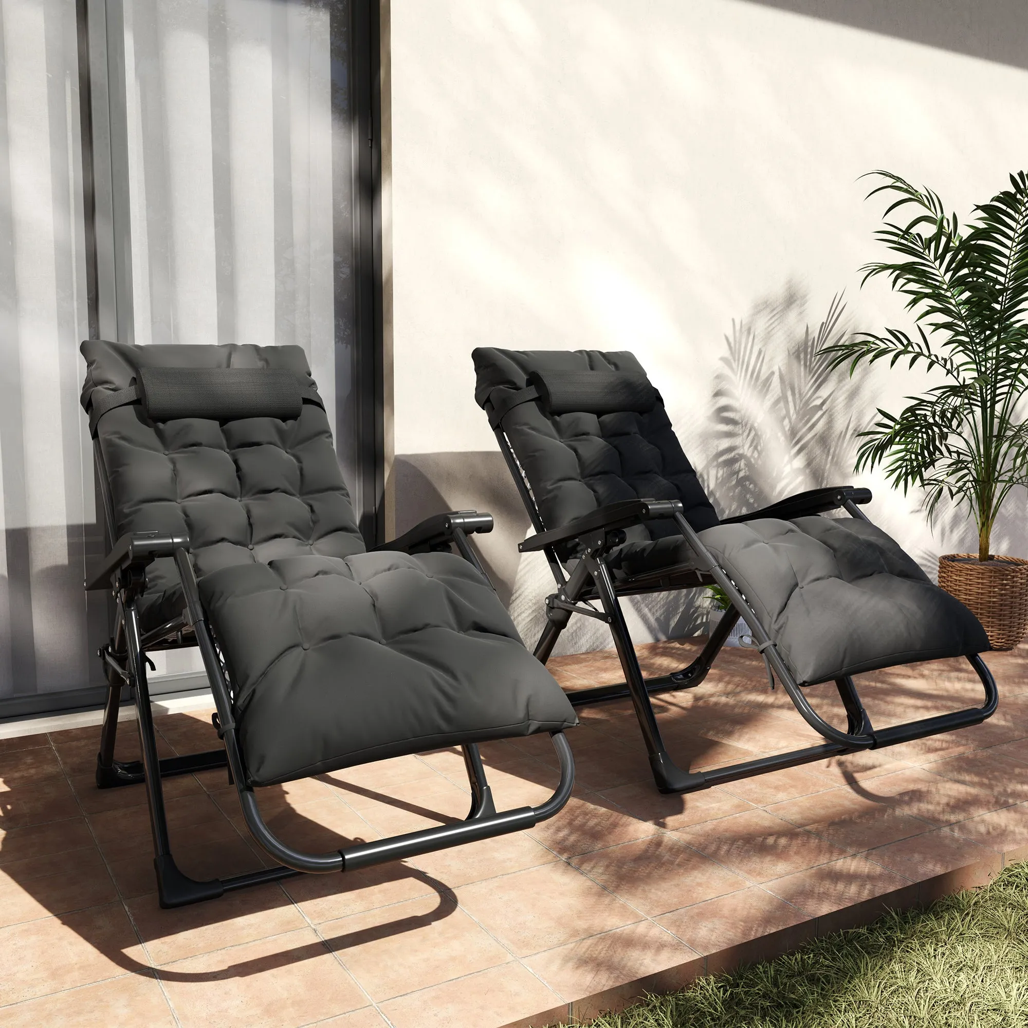 Reclining Zero Gravity Chair with Adjustable Backrest, Folding Garden Sun Lounger with Removable Cushion and Headrest, Set of 2, Black