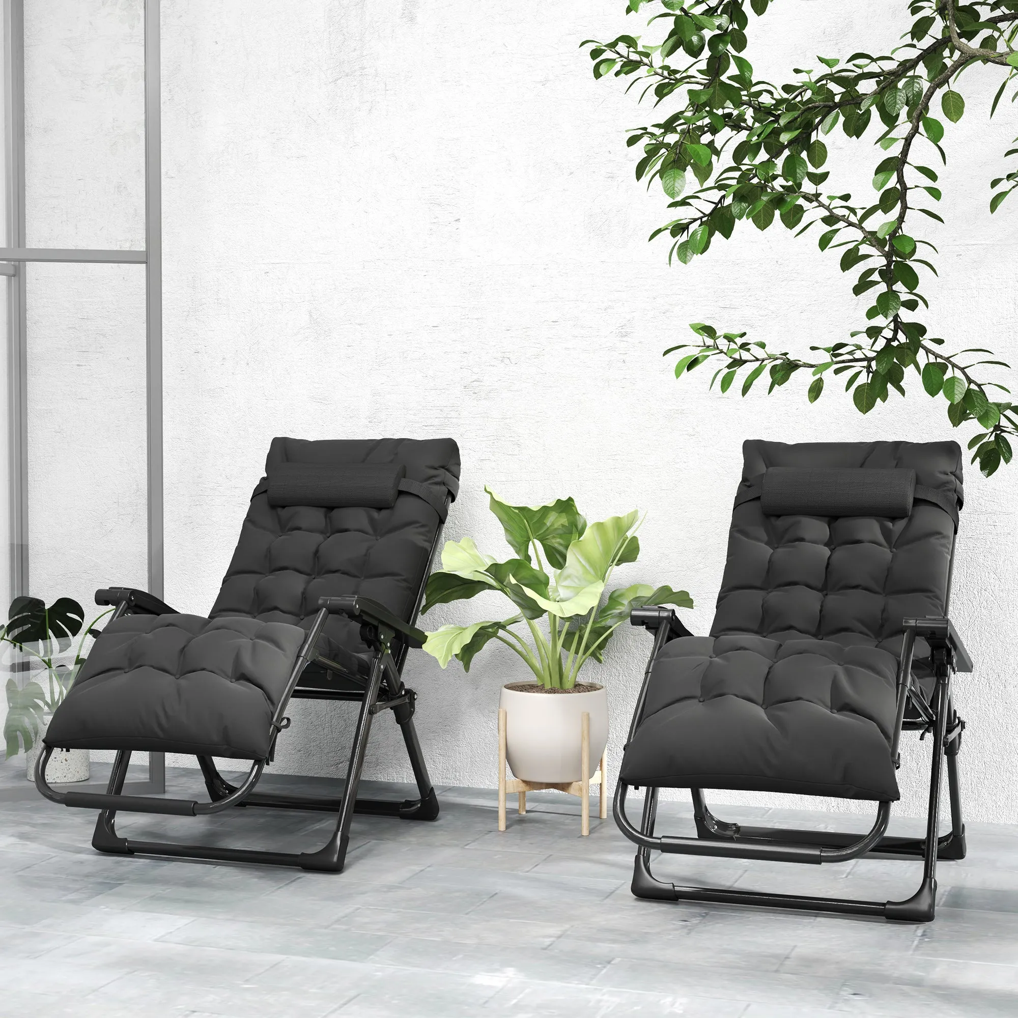 Reclining Zero Gravity Chair with Adjustable Backrest, Folding Garden Sun Lounger with Removable Cushion and Headrest, Set of 2, Black