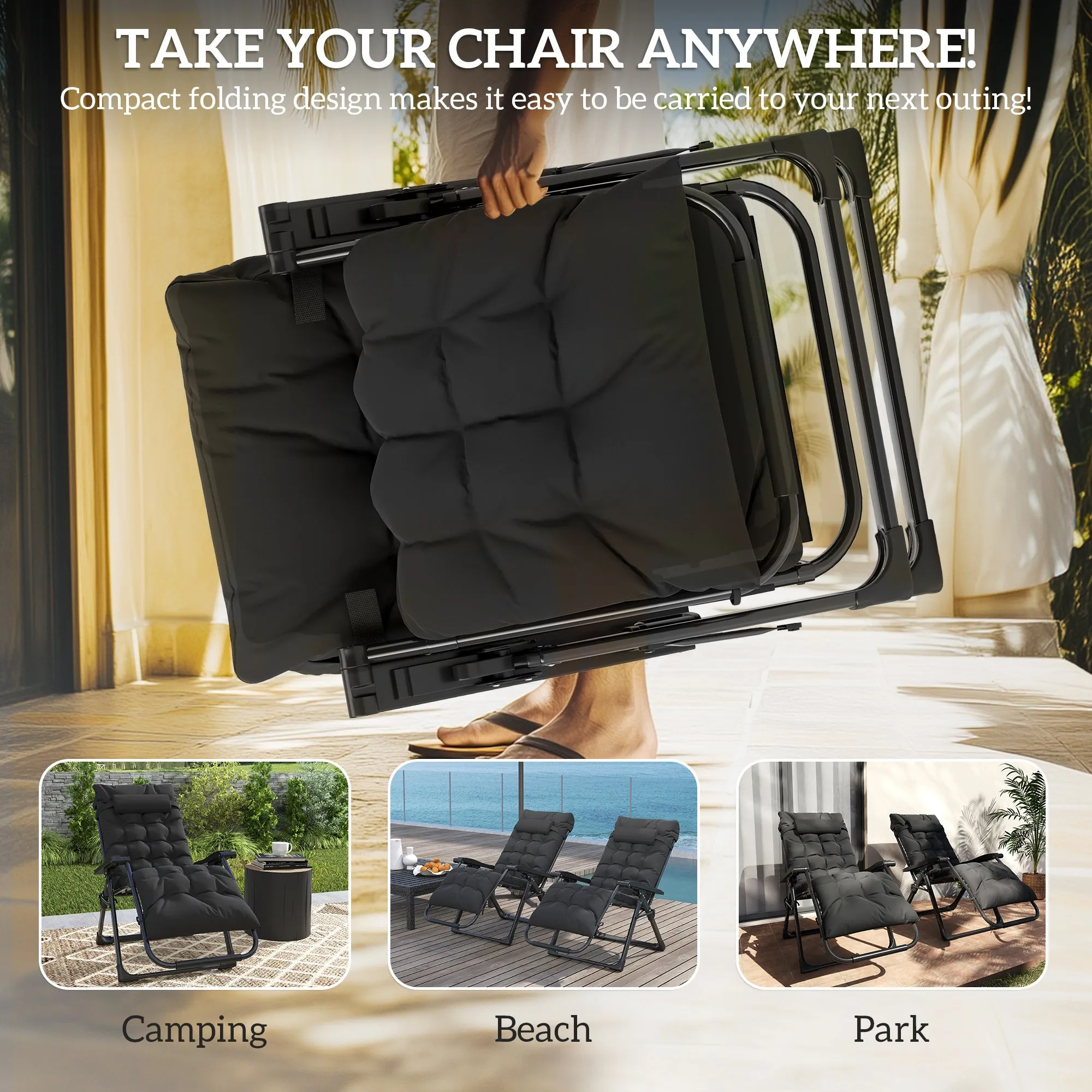 Reclining Zero Gravity Chair with Adjustable Backrest, Folding Garden Sun Lounger with Removable Cushion and Headrest, Set of 2, Black