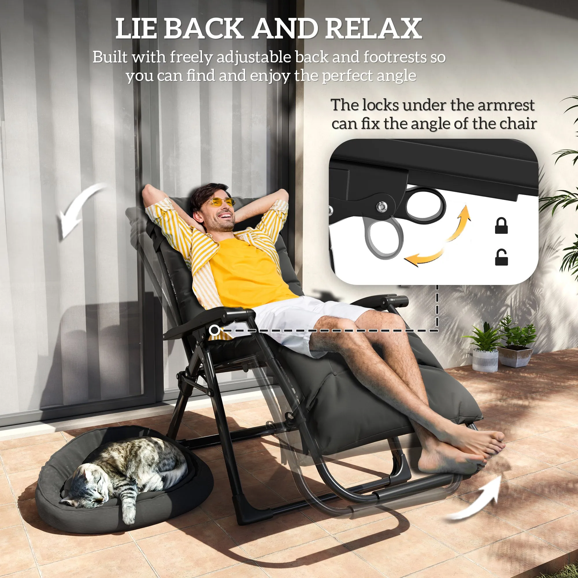 Reclining Zero Gravity Chair with Adjustable Backrest, Folding Garden Sun Lounger with Removable Cushion and Headrest, Set of 2, Black