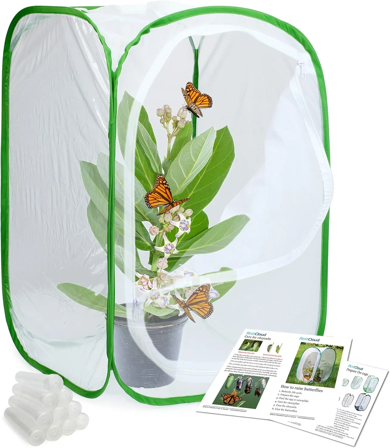 RESTCLOUD Insect and Butterfly Habitat Cage Terrarium Pop-up 24 Inches Tall with 10Pcs 10ML Floral Tubes
