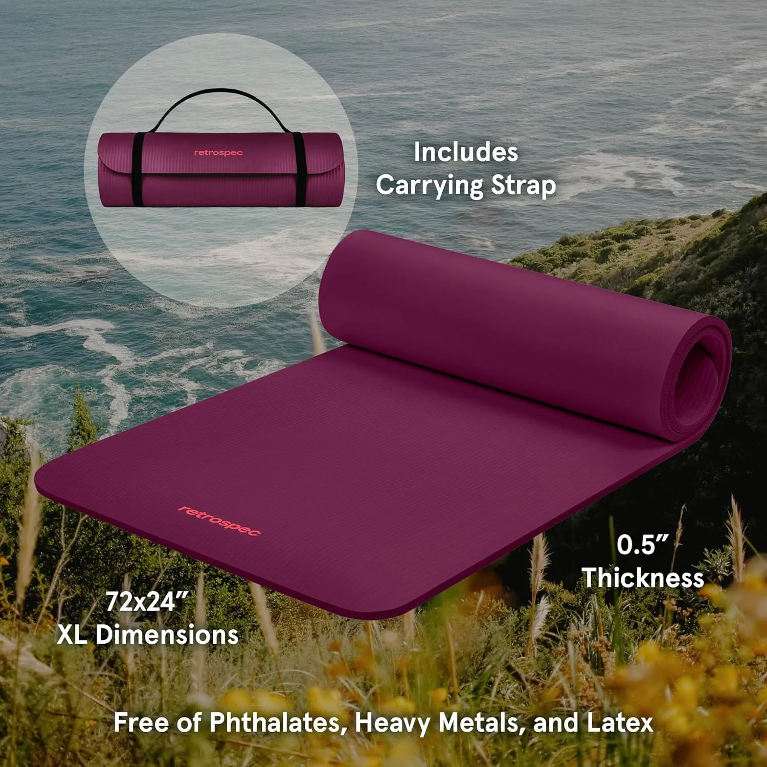 Retrospec Solana Yoga Mat 1/2" Thick w/Nylon Strap for Men & Women - Non Slip Exercise Mat for Yoga, Pilates, Stretching, Floor & Fitness Workouts