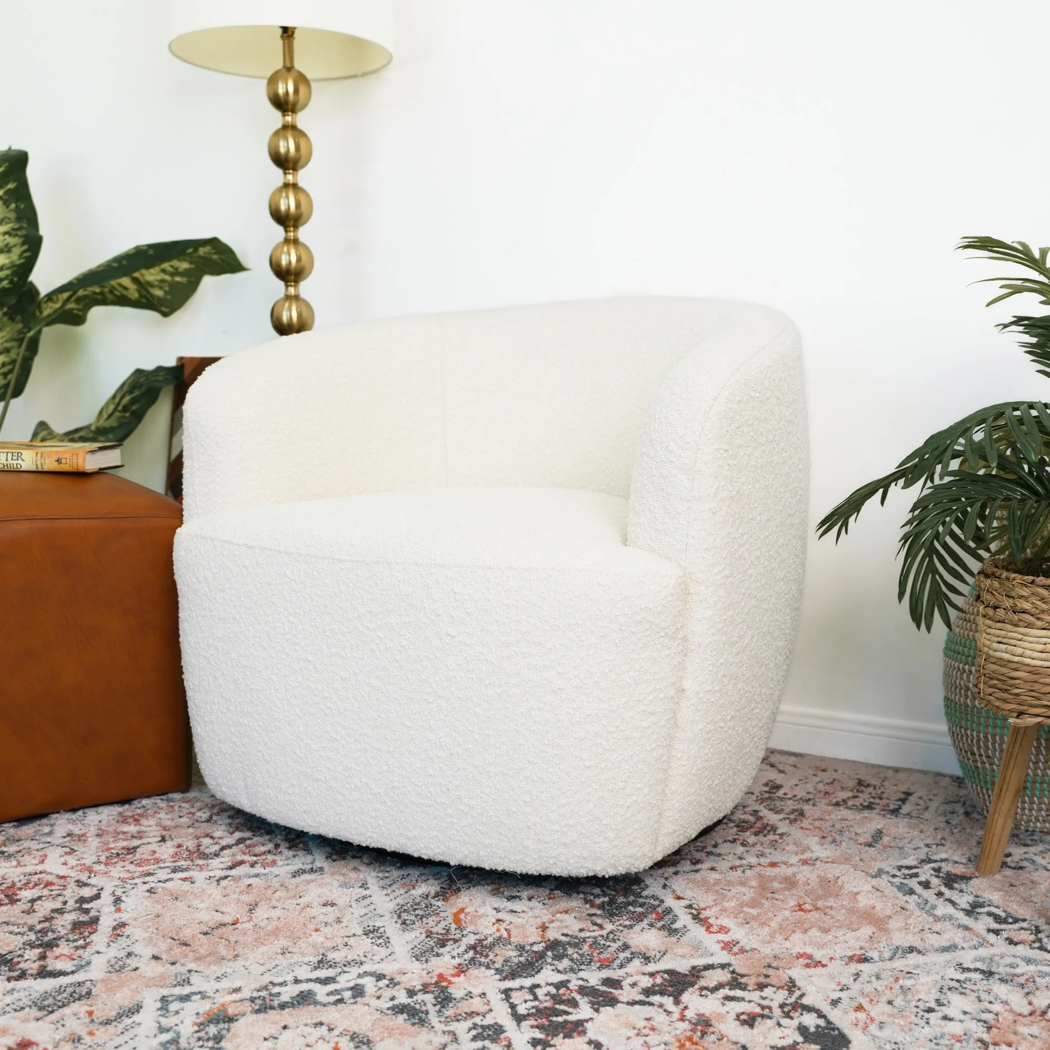 Rivet White Boucle Swivel Chair