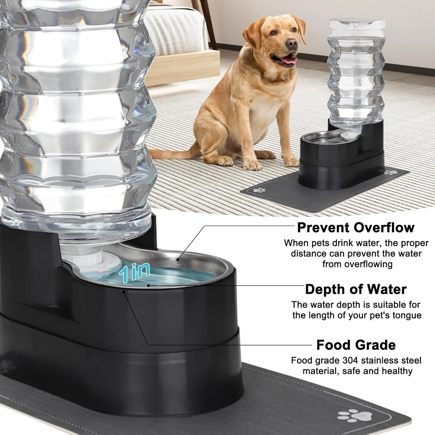 RIZZARI 9L Raised Automatic Pet Waterer, Gravity fed Stainless Steel Waterer, 100% BPA Free, Large Capacity Feeder for Cats and Medium to Large Dogs (Black,9L)