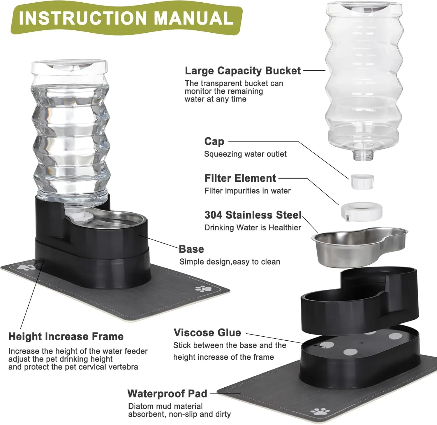 RIZZARI 9L Raised Automatic Pet Waterer, Gravity fed Stainless Steel Waterer, 100% BPA Free, Large Capacity Feeder for Cats and Medium to Large Dogs (Black,9L)