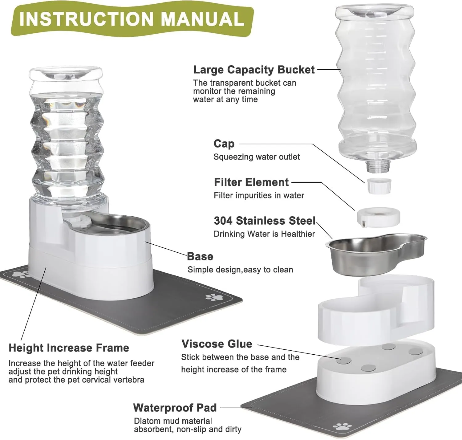RIZZARI Automatic 9L Raised Pet Waterer,100% BPA-Free, Gravity Stainless Steel Water Dispenser for Cats and Small and Medium-Sized Dogs