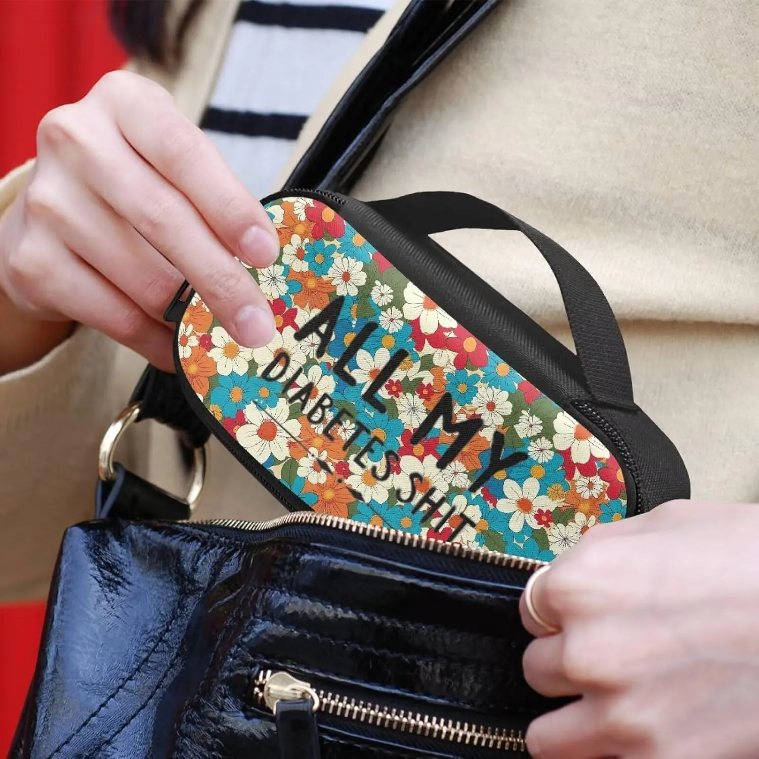 Rnyleeg All My Diabetes Shit Insulin Travel Case Flower Diabetes Bag for Women Reusable Diabetic Supplies Storage for Home Insulin Bag for Travel