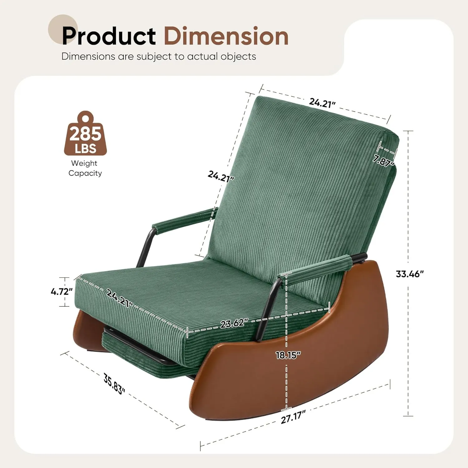 Rocking Chair with Adjustable Footrest - High Back Cushion Support, Sturdy Metal Frame, Soft Corduroy Fabric, Comfortable Nursery Glider for Living Room, Bedroom (Green)