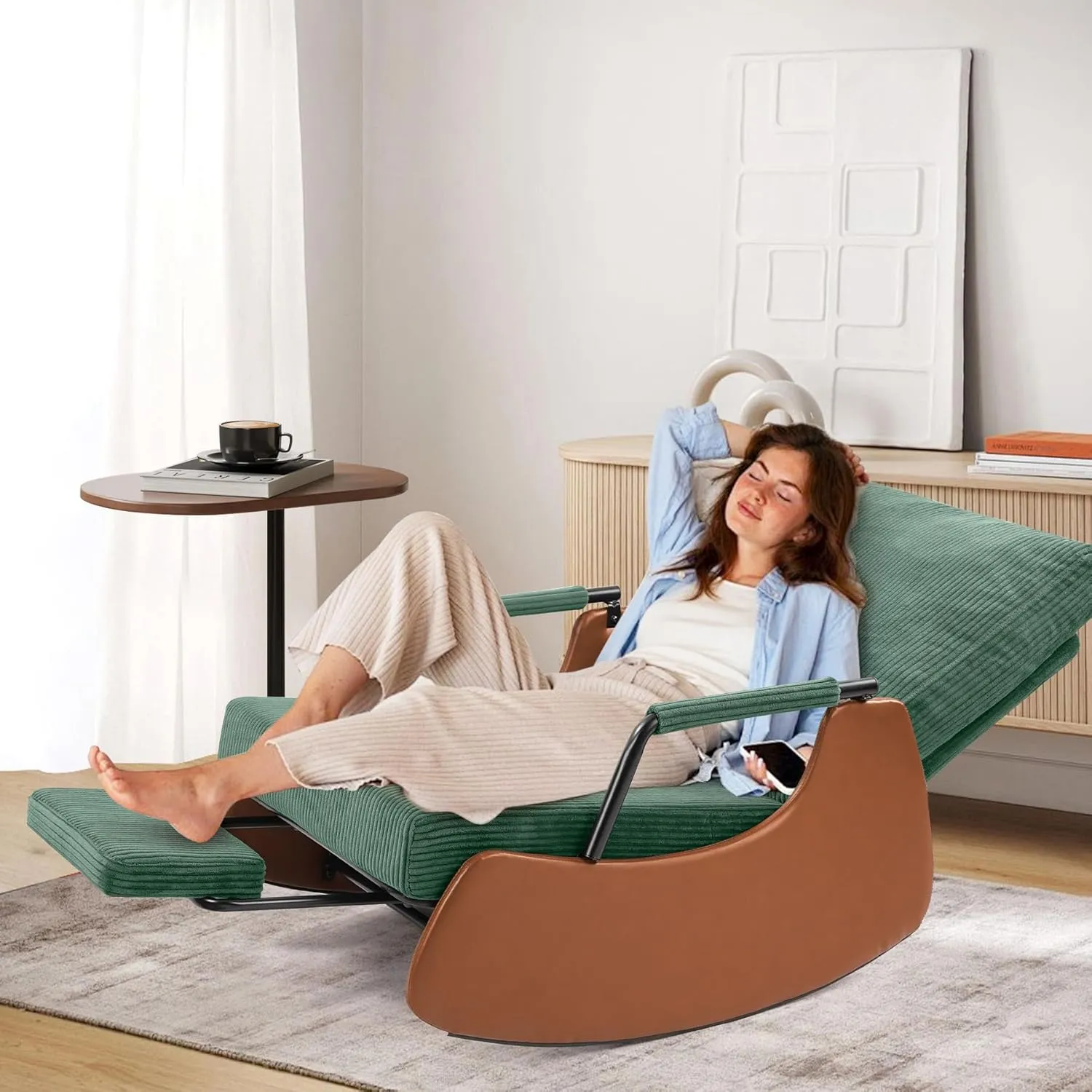 Rocking Chair with Adjustable Footrest - High Back Cushion Support, Sturdy Metal Frame, Soft Corduroy Fabric, Comfortable Nursery Glider for Living Room, Bedroom (Green)
