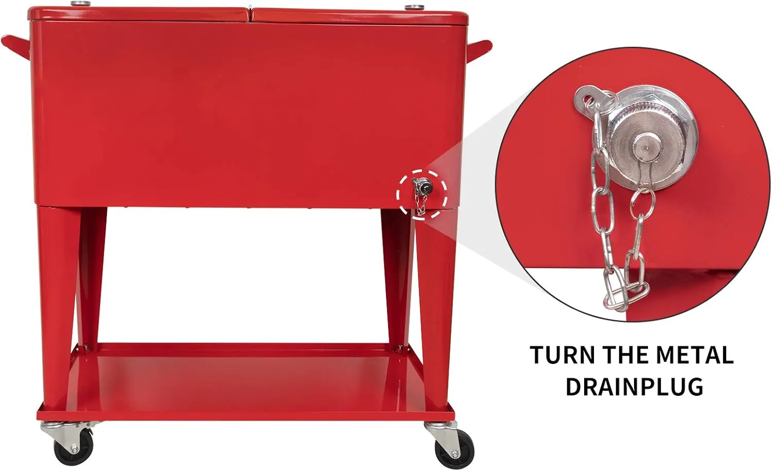 Rolling Cooler Cart Ice Chest for Outdoor Patio Deck Party Portable Bar Cold Drink Beverage Cart, Backyard Cooler Trolley on Wheels with Shelf,80 Quart Cooling Bins, Bottle Opener