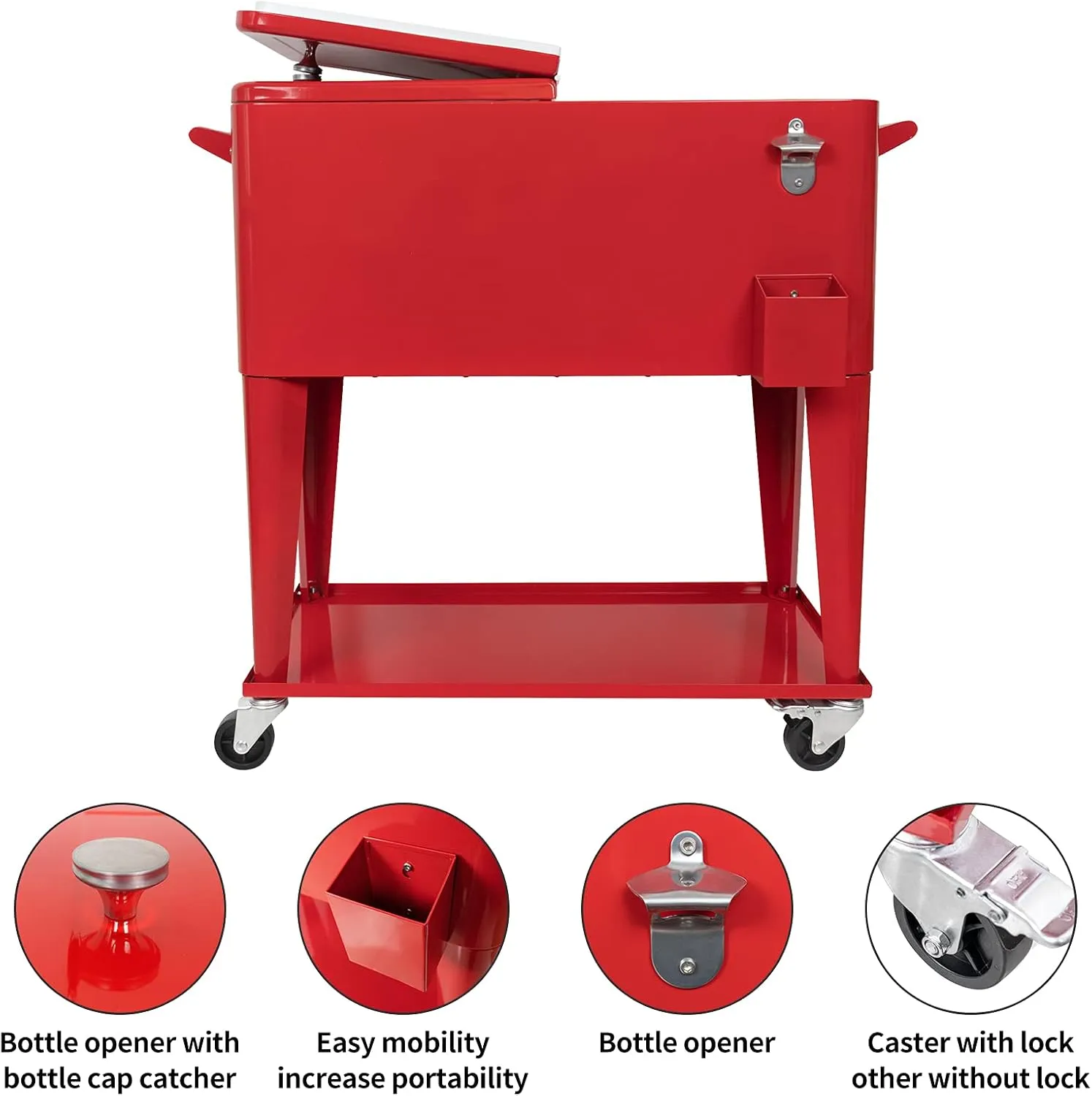 Rolling Cooler Cart Ice Chest for Outdoor Patio Deck Party Portable Bar Cold Drink Beverage Cart, Backyard Cooler Trolley on Wheels with Shelf,80 Quart Cooling Bins, Bottle Opener