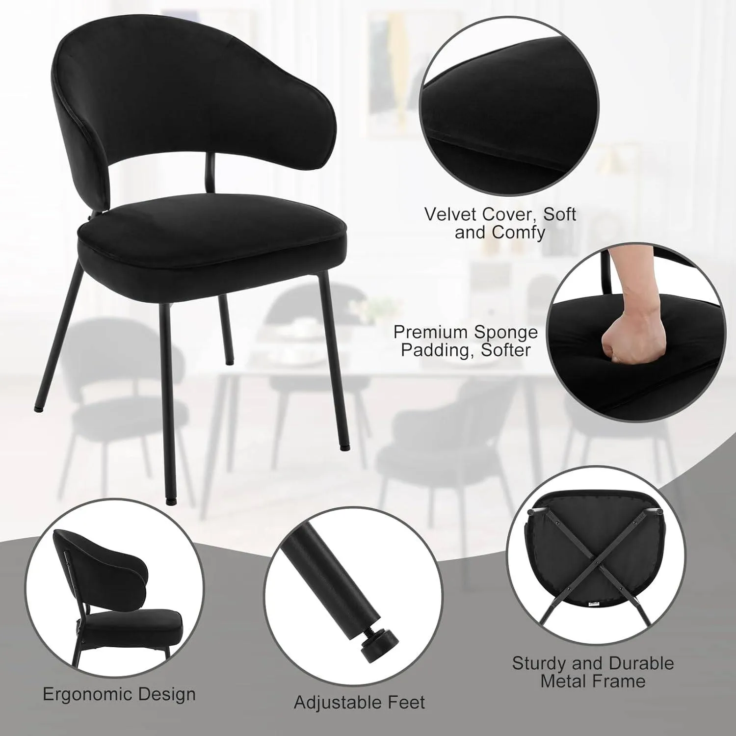 Rootz Dining Chair - Velvet Seat - Modern Kitchen Chair - High-Density Foam - Ergonomic Backrest - Stable Metal Legs - 54cm x 83.5cm x 52cm
