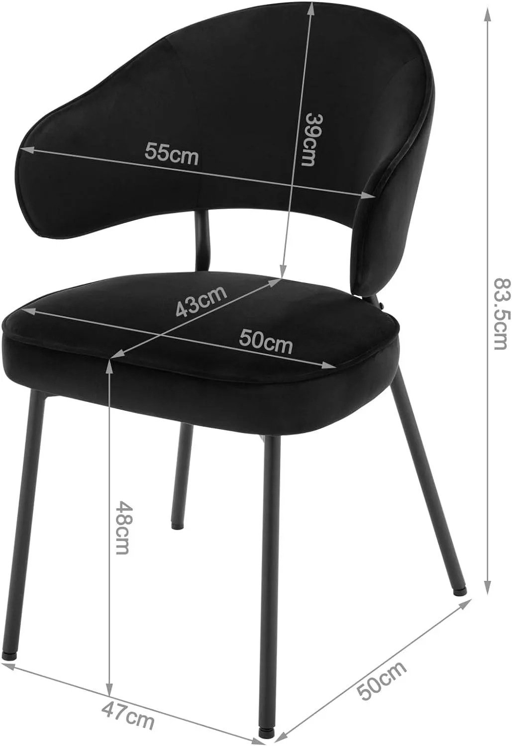 Rootz Dining Chair - Velvet Seat - Modern Kitchen Chair - High-Density Foam - Ergonomic Backrest - Stable Metal Legs - 54cm x 83.5cm x 52cm