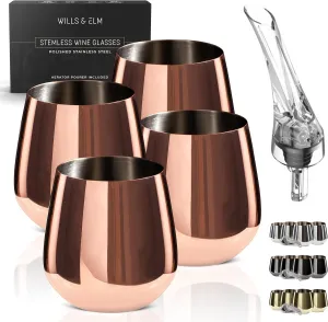 Rose Gold Wine Glasses - Stemless Stainless Steel Wine Glasses Set of 4 with Aerator - Unbreakable Metal Glass for Outdoor, Travel, Camping, Pool - 18oz