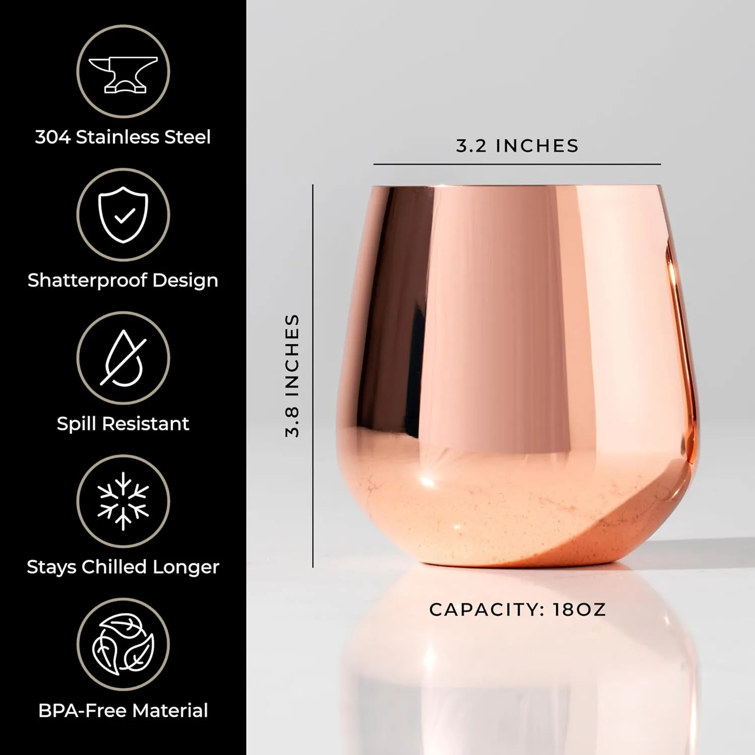 Rose Gold Wine Glasses - Stemless Stainless Steel Wine Glasses Set of 4 with Aerator - Unbreakable Metal Glass for Outdoor, Travel, Camping, Pool - 18oz