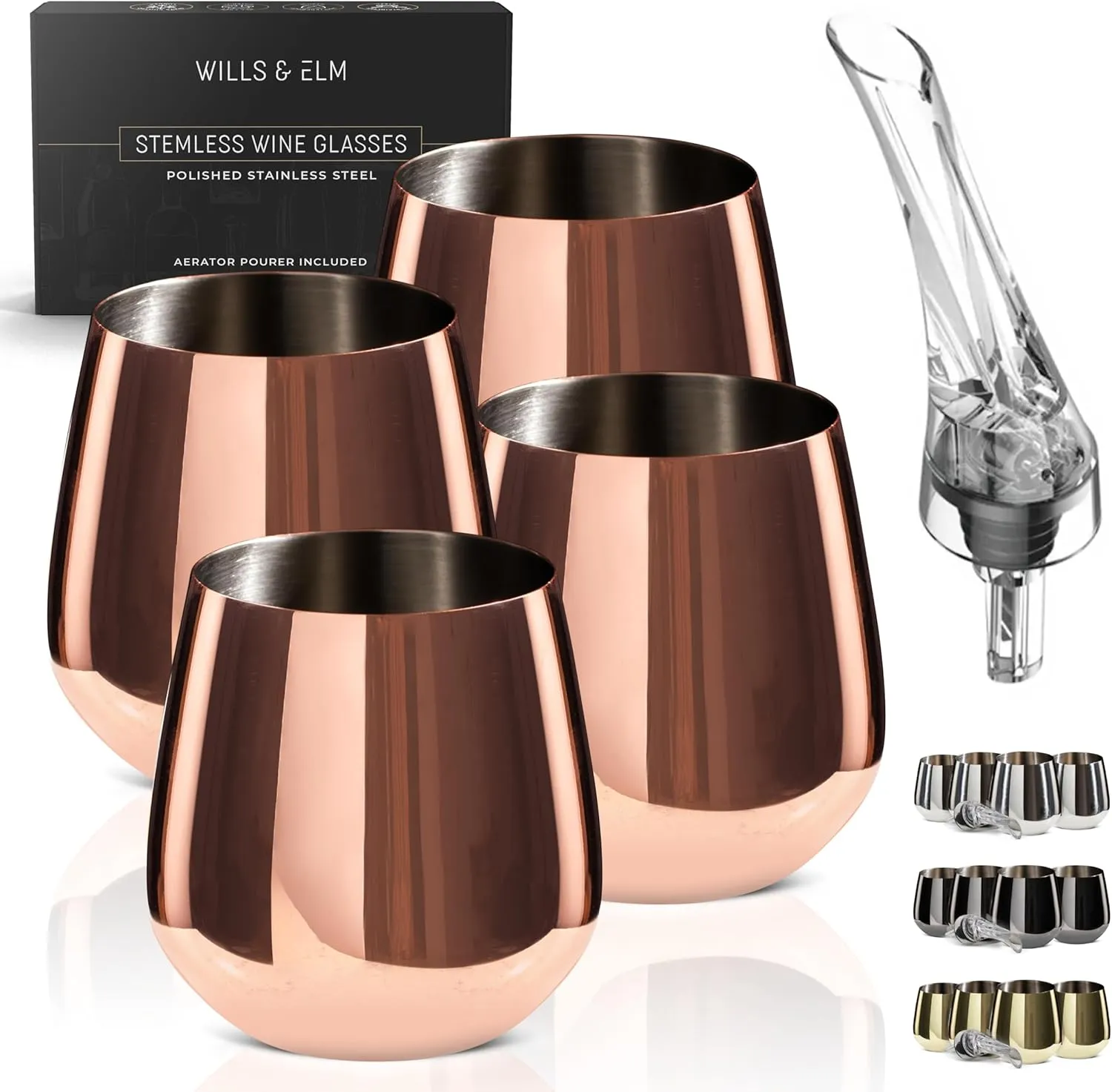 Rose Gold Wine Glasses - Stemless Stainless Steel Wine Glasses Set of 4 with Aerator - Unbreakable Metal Glass for Outdoor, Travel, Camping, Pool - 18oz