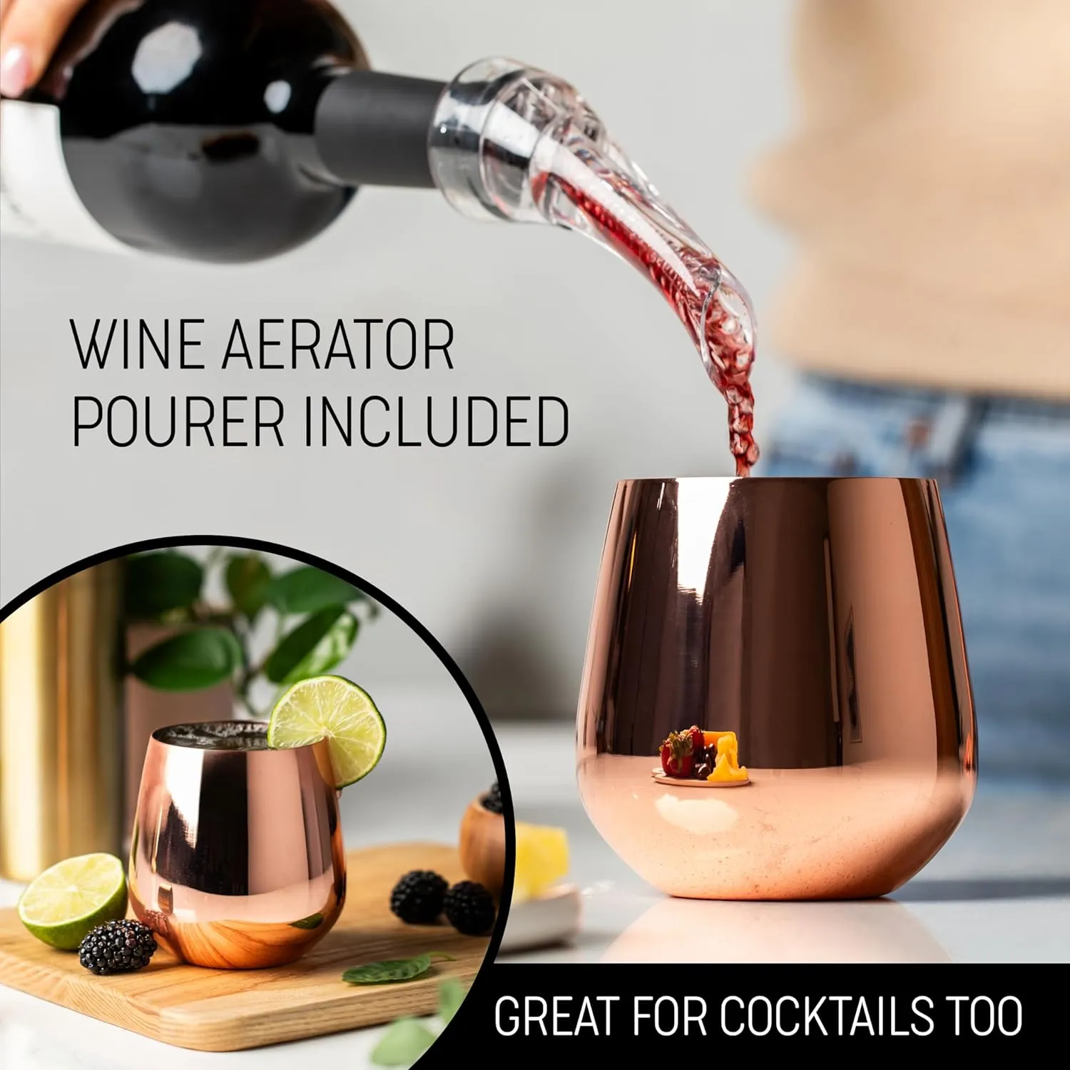 Rose Gold Wine Glasses - Stemless Stainless Steel Wine Glasses Set of 4 with Aerator - Unbreakable Metal Glass for Outdoor, Travel, Camping, Pool - 18oz