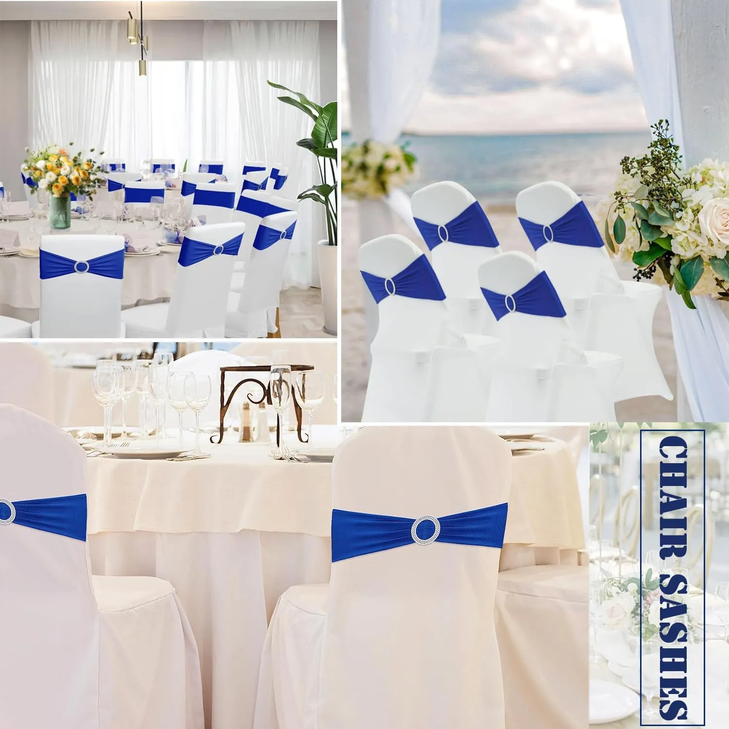 Royal Blue Chair Sashes - Spandex Universal Elastic Bands With Buckle Slider for Wedding, Banquet, Party Decorations - Clearance