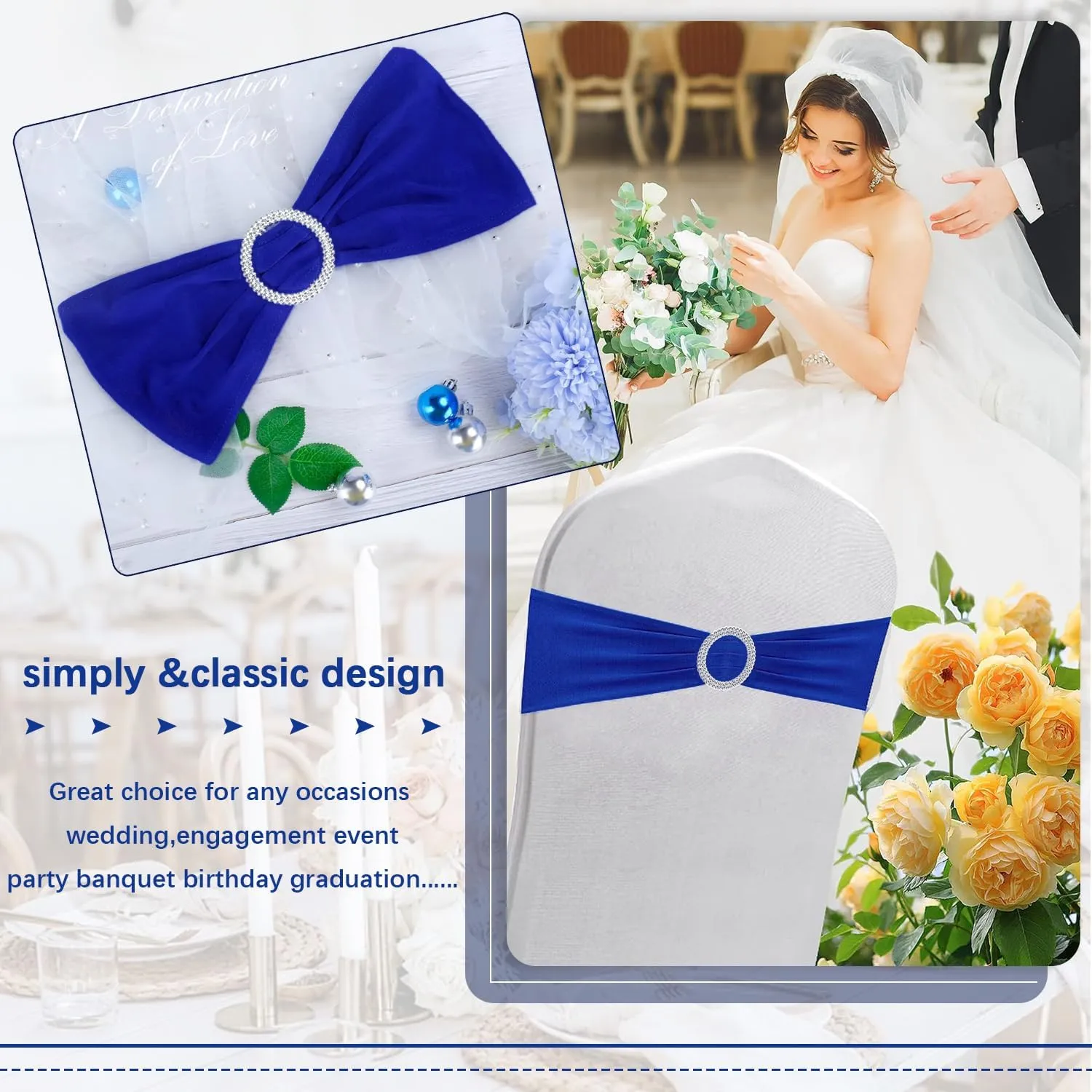 Royal Blue Chair Sashes - Spandex Universal Elastic Bands With Buckle Slider for Wedding, Banquet, Party Decorations - Clearance