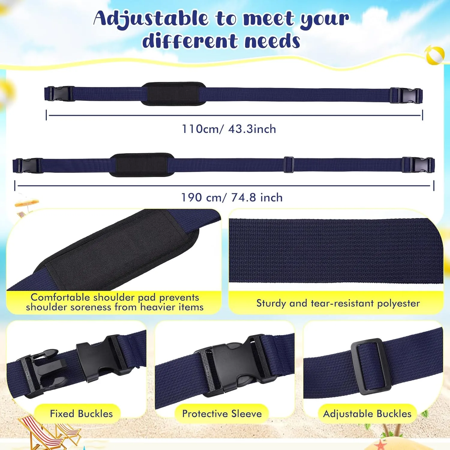 Sanwuta 5 Pcs Carry Strap for Beach Folding Chair, Adjustable Shoulder Carrying Beach Chair Straps for Folding Umbrella Backpack Camping Picnics Outdoor Foldable Bikes(Navy Blue)