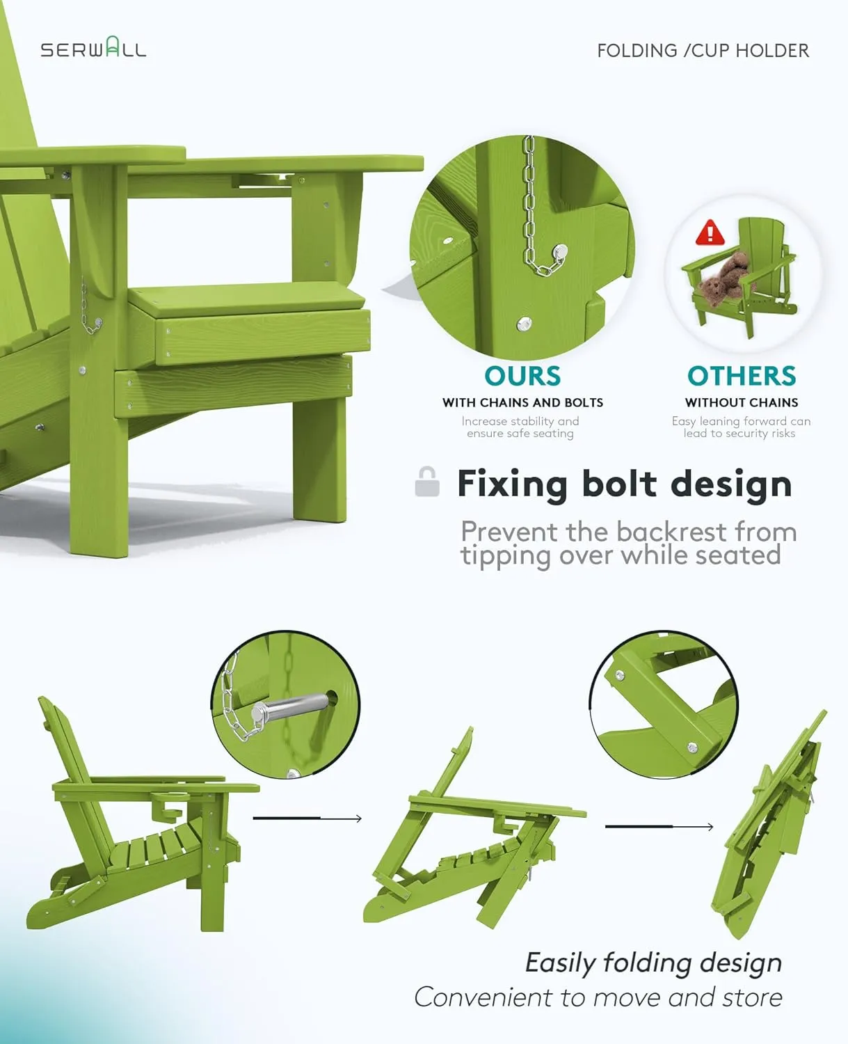 SERWALL Adirondack Chair with Cup Holders - Composite Adirondack Chairs HDPE Outdoor Chairs All Weather Use- Apple