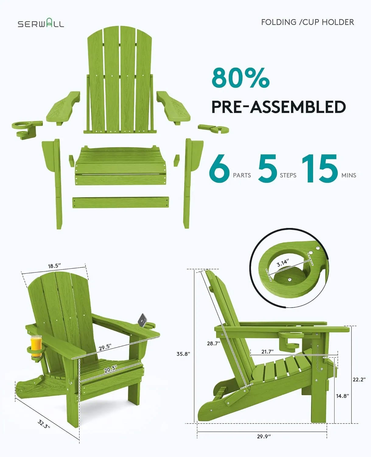 SERWALL Adirondack Chair with Cup Holders - Composite Adirondack Chairs HDPE Outdoor Chairs All Weather Use- Apple