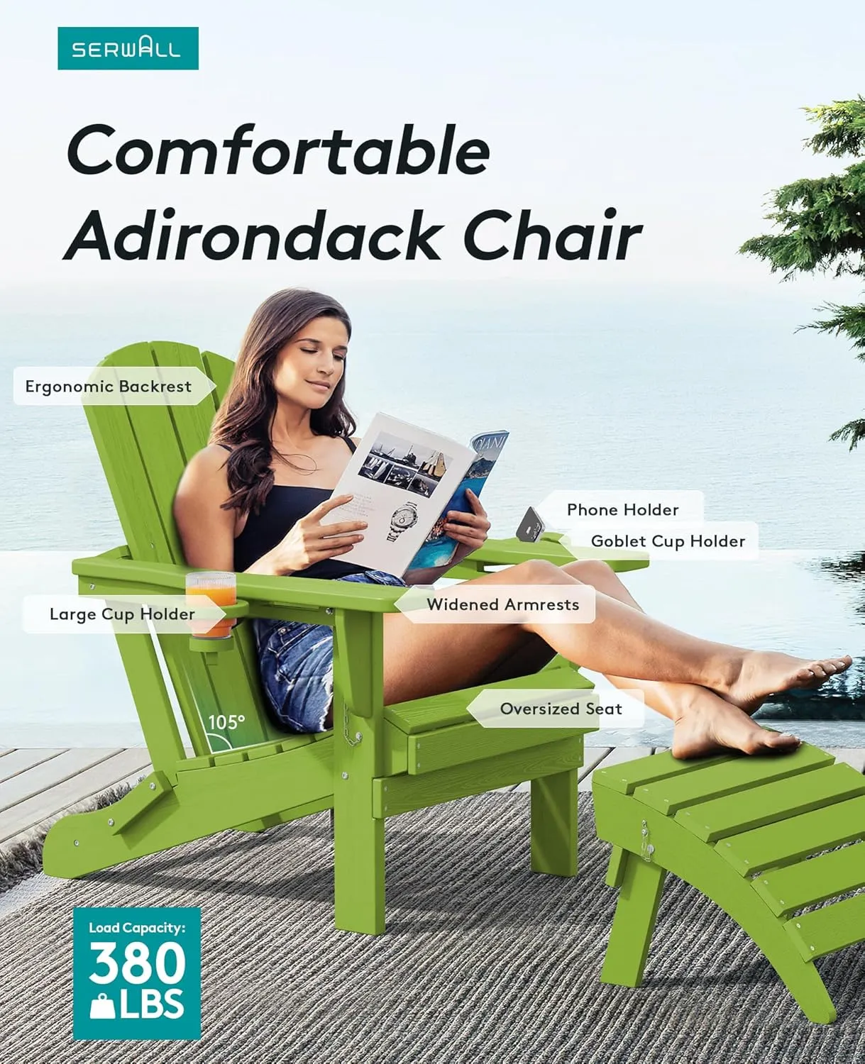 SERWALL Adirondack Chair with Cup Holders - Composite Adirondack Chairs HDPE Outdoor Chairs All Weather Use- Apple