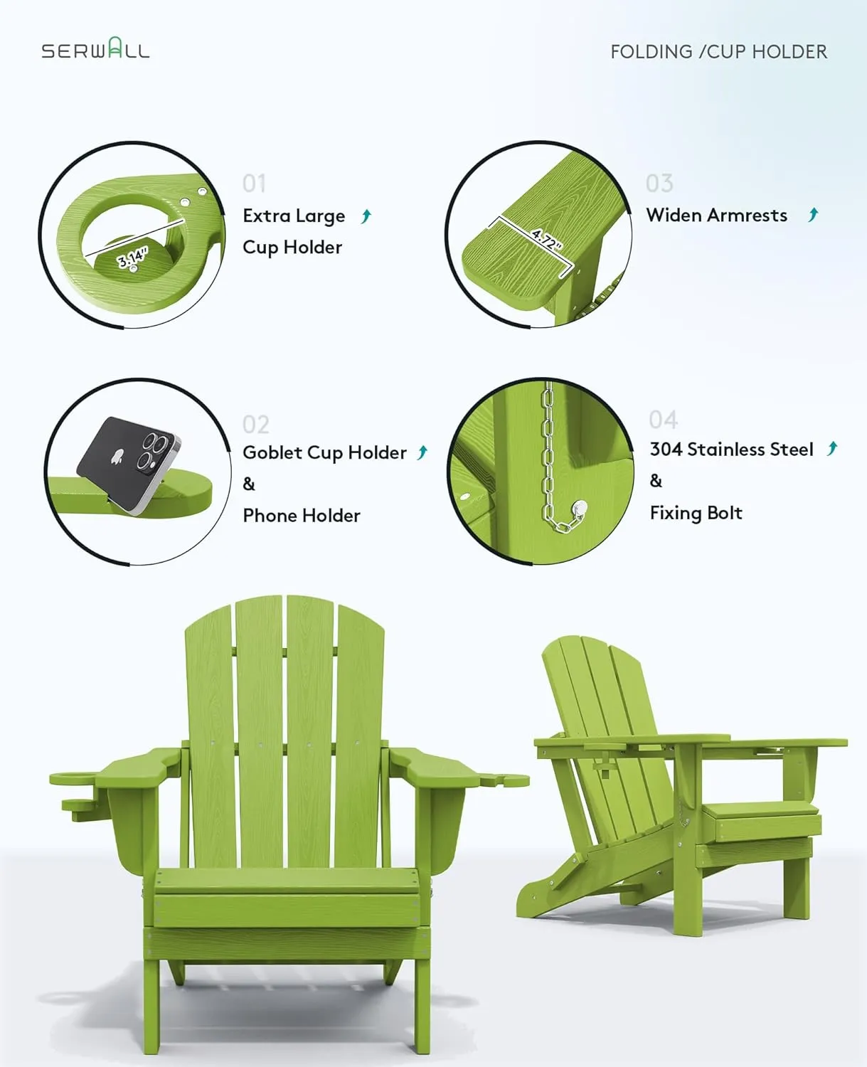 SERWALL Adirondack Chair with Cup Holders - Composite Adirondack Chairs HDPE Outdoor Chairs All Weather Use- Apple