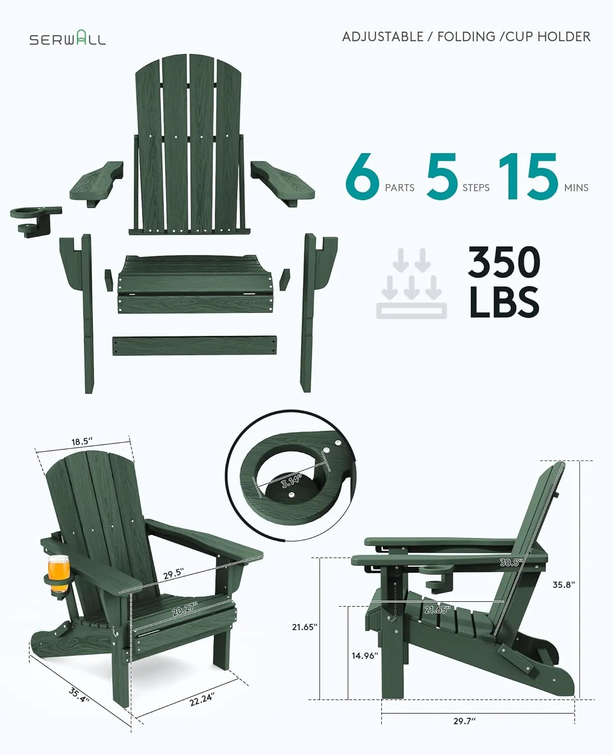 SERWALL Adjustable Folding Adirondack Chair Green