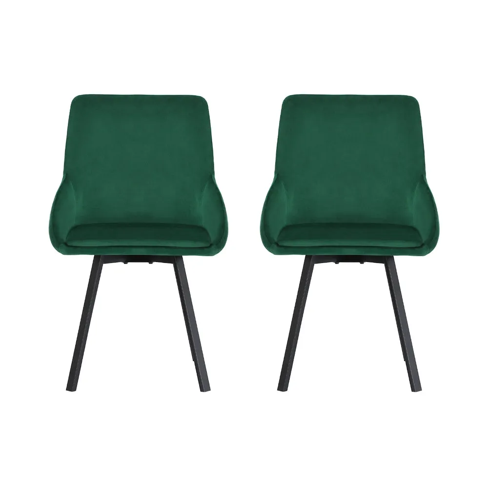Set of 2 Modern Kitchen Dining Chairs Velvet Upholstered - Green